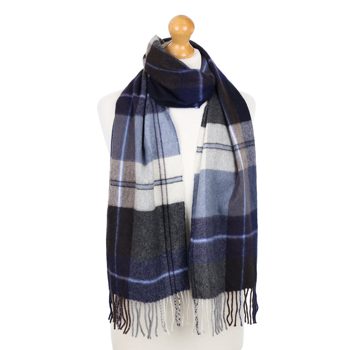 Blue Checked Fringed Cashmere Woven Scarf