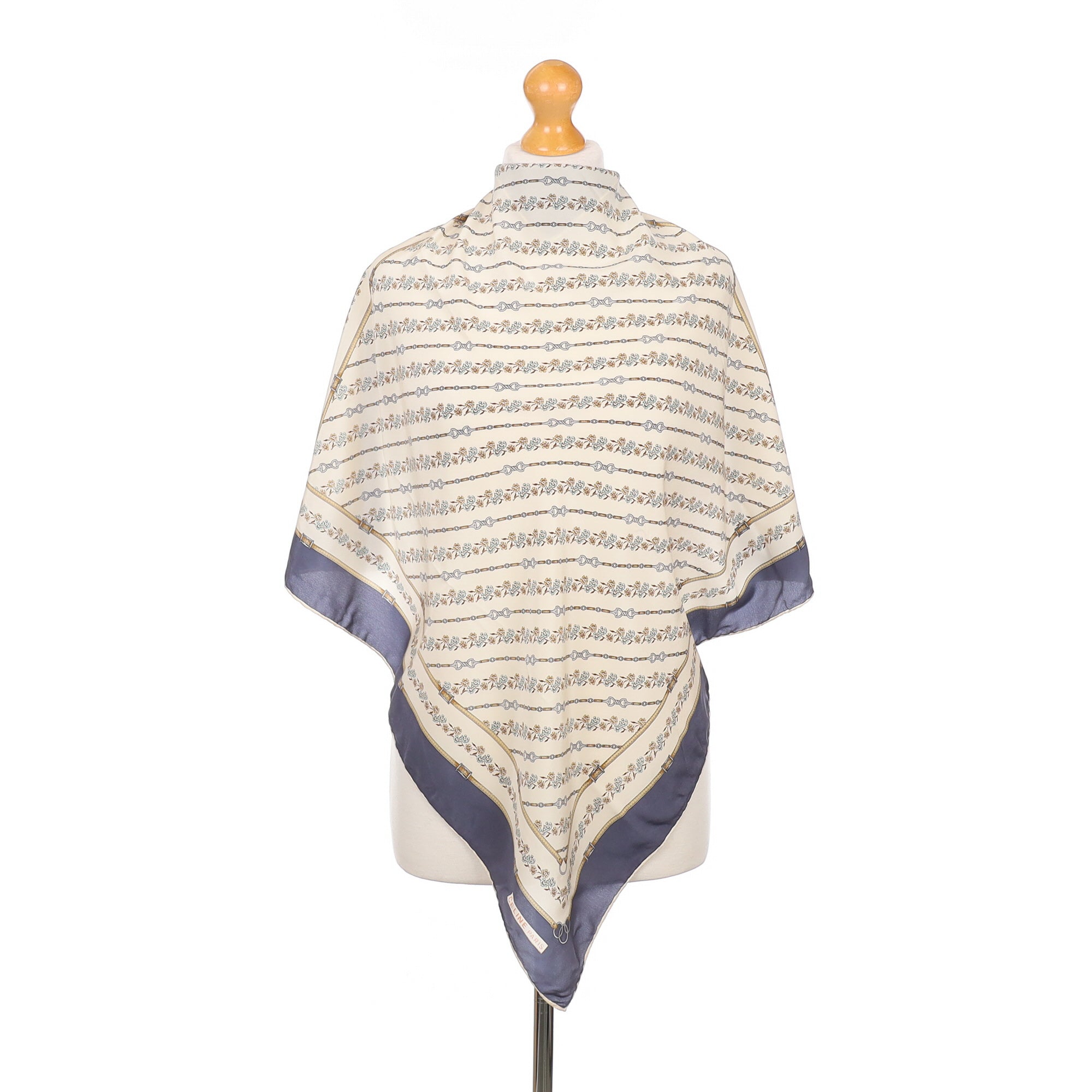 Celine Equestrian Blue and Cream Vintage Silk Scarf