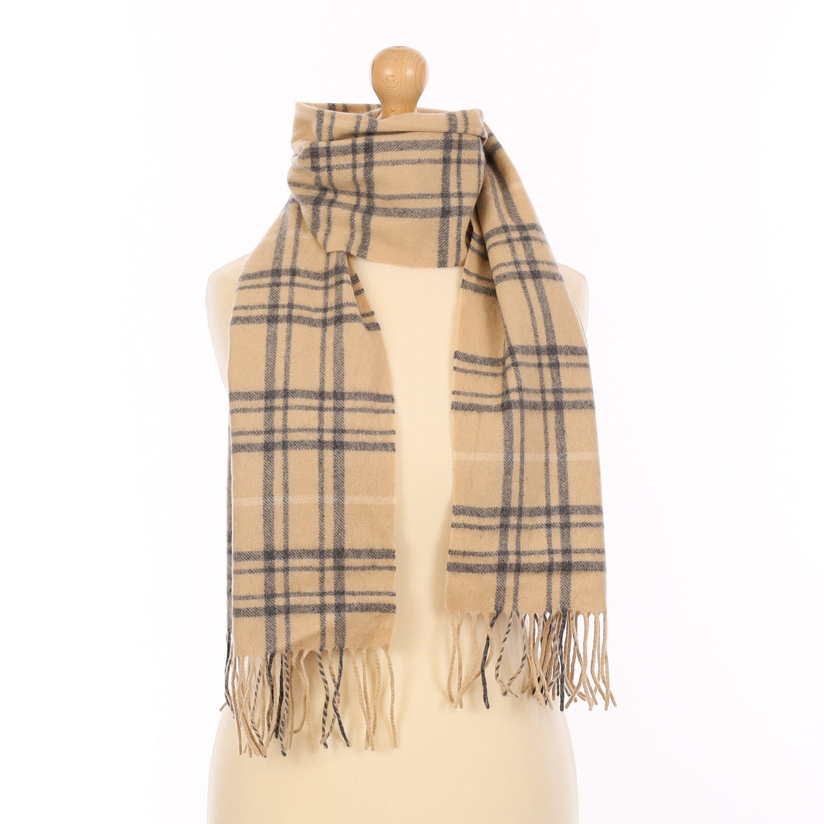 Camel and Grey Plaid Cashmere Woven Scarf