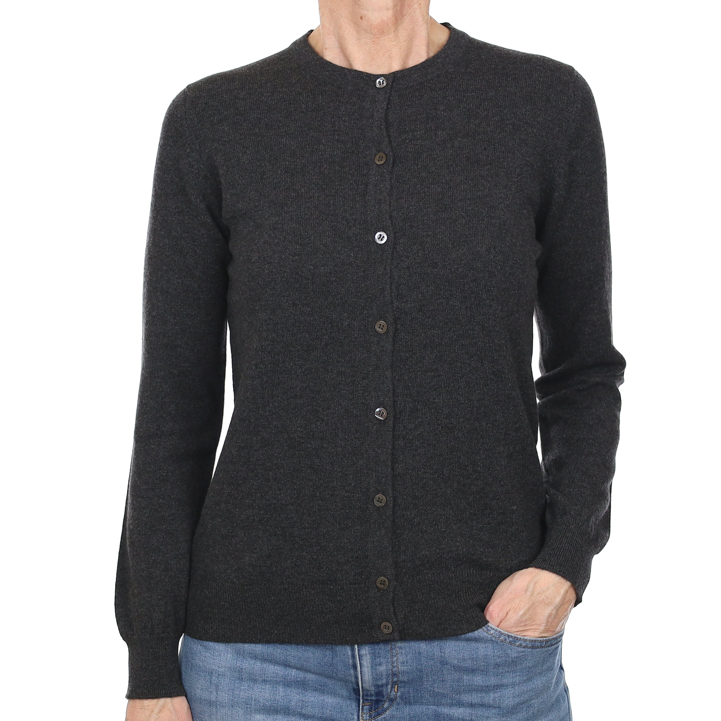 Brand New Scottish Charcoal Grey Cashmere Crew Neck Cardigan Small
