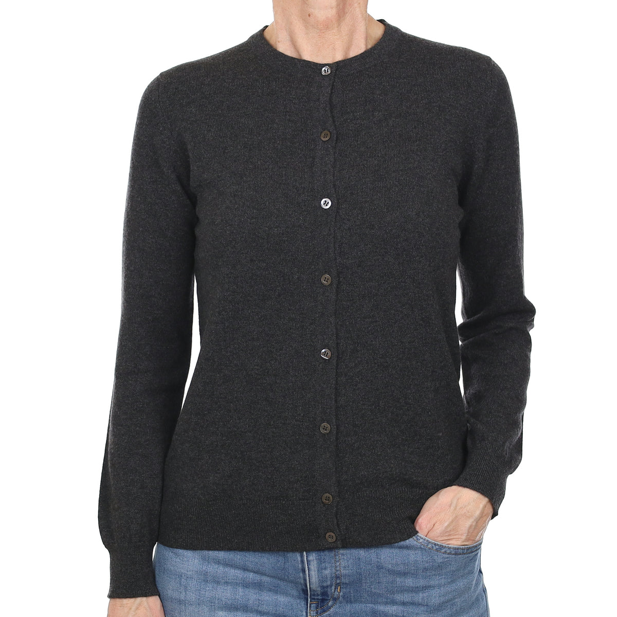 Brand New Scottish Charcoal Grey Cashmere Crew Neck Cardigan Small