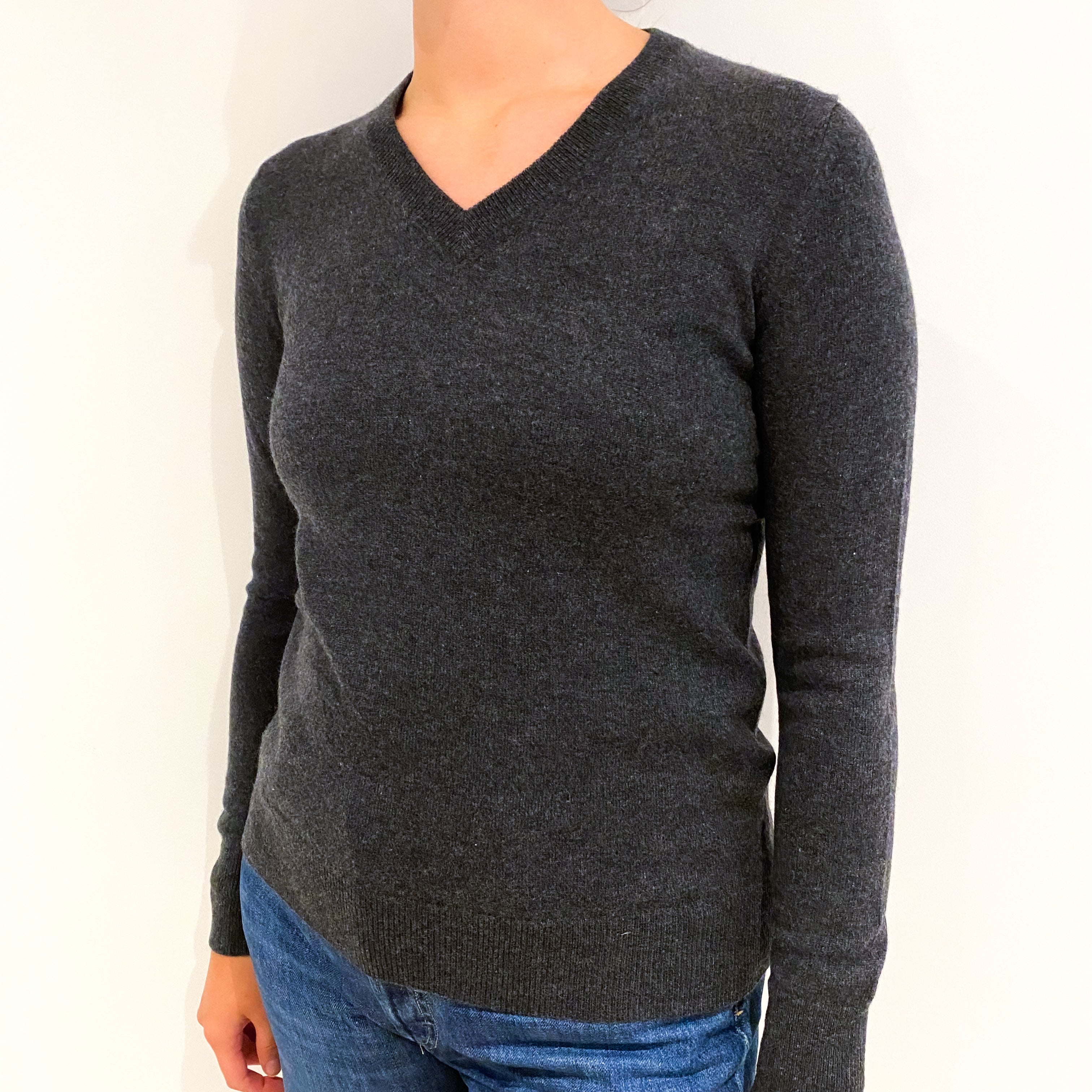 Charcoal Grey Cashmere V-Neck Jumper Small