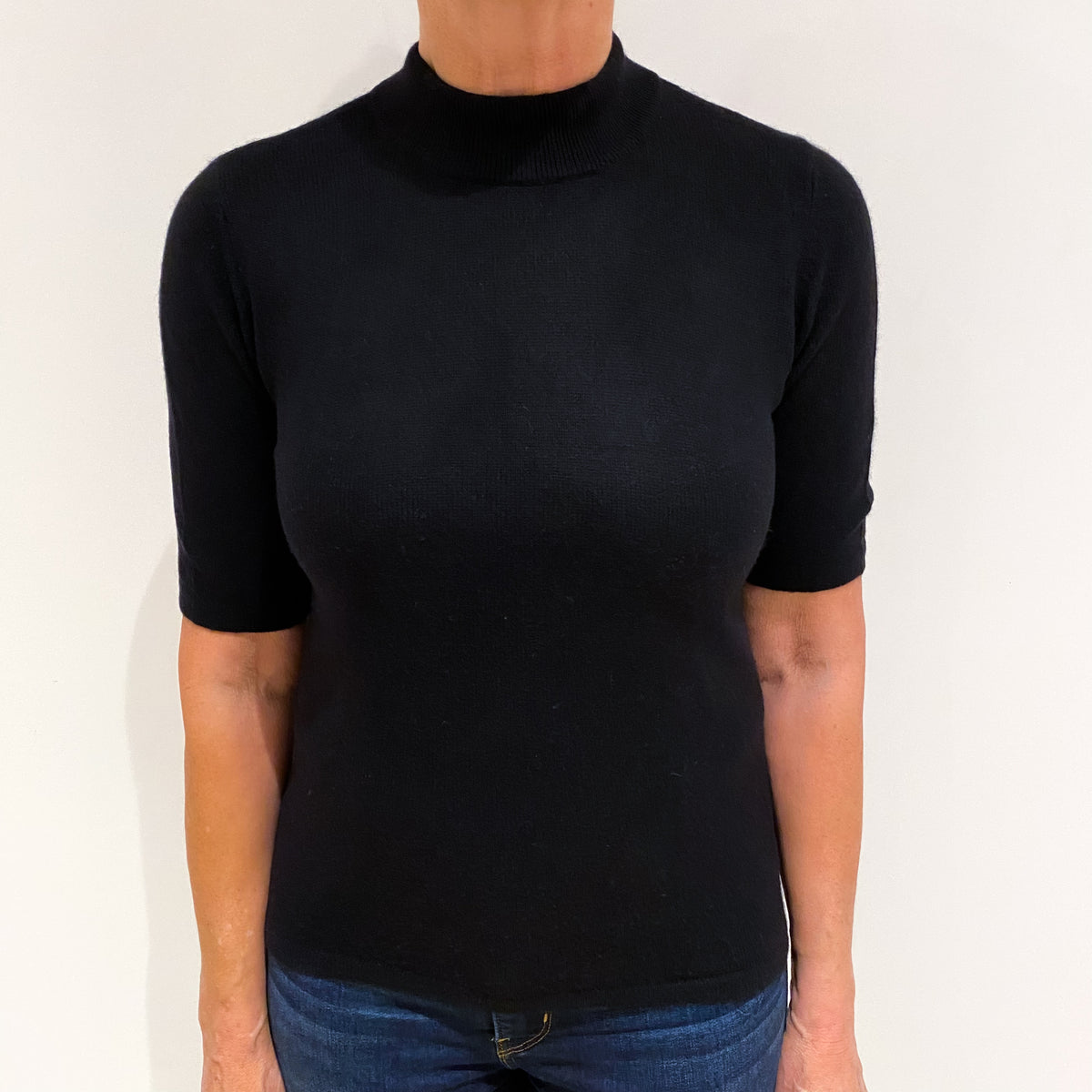 Black Cashmere Short Sleeve Turtle Neck Jumper Medium