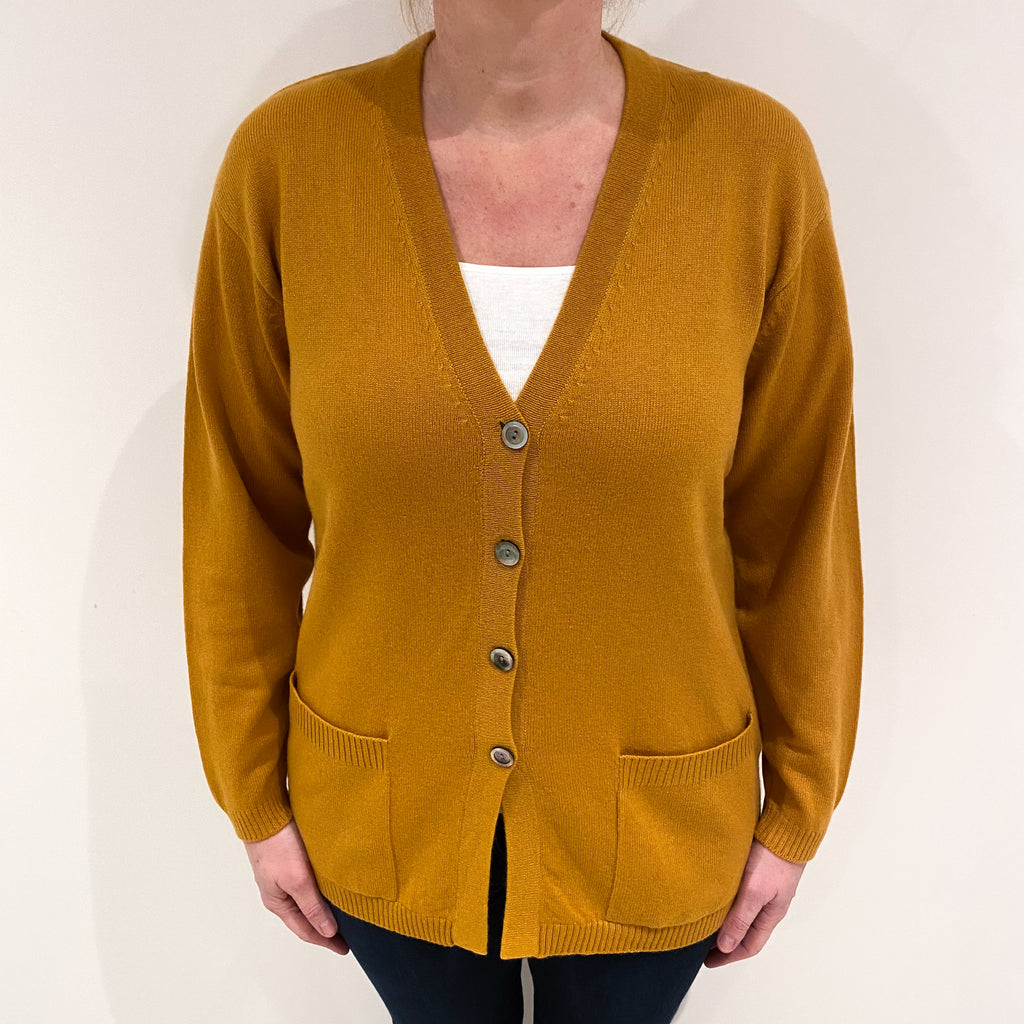 Deep Mustard Cashmere V Neck Cardigan with Pockets Large