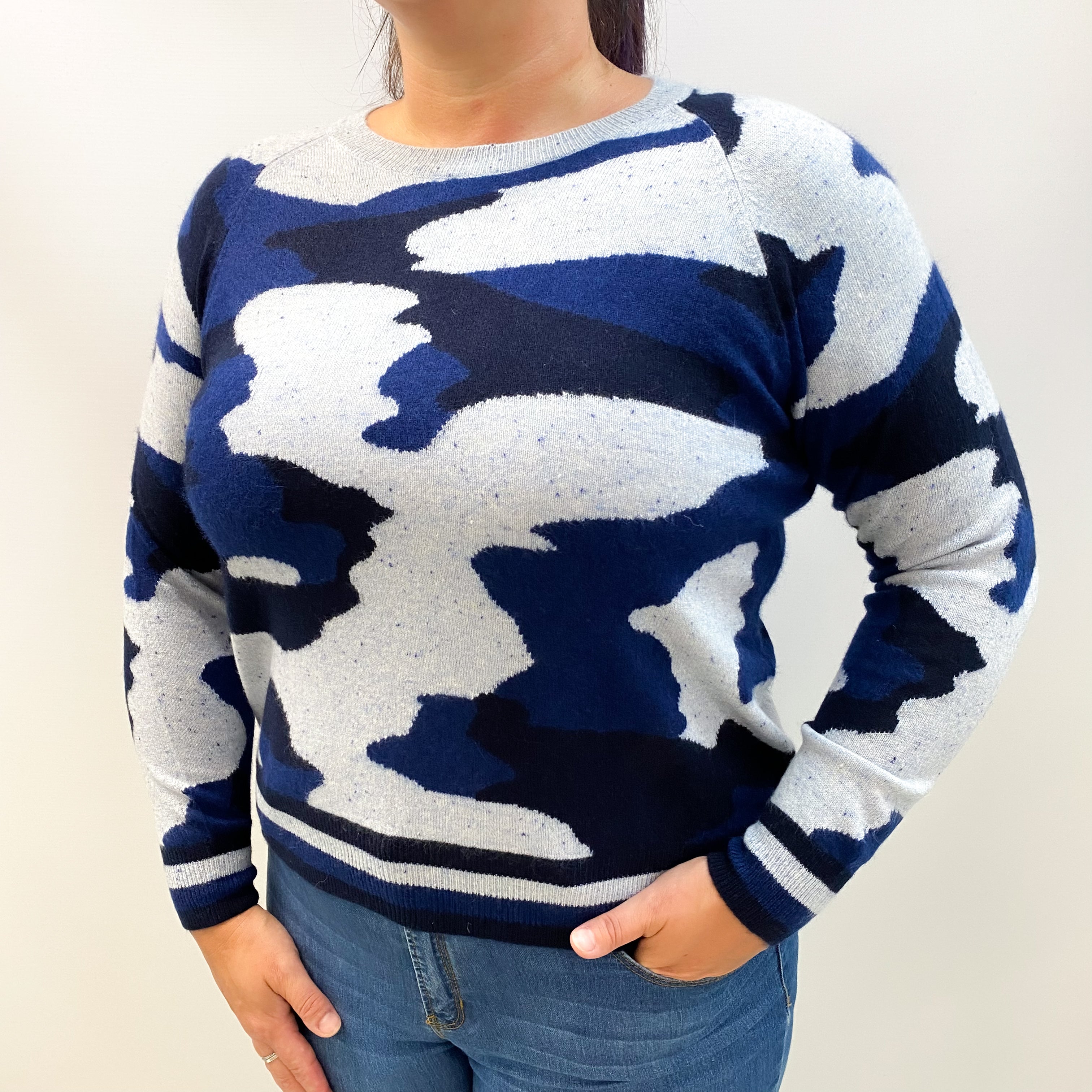 Blue Camouflage Cashmere Crew Neck Jumper Large