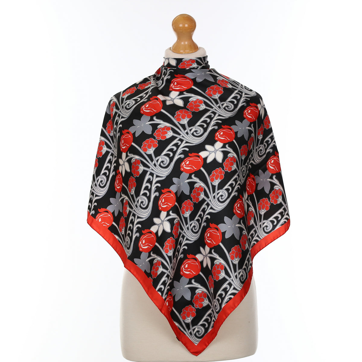 Brand New Red And Black Floral Silk Scarf