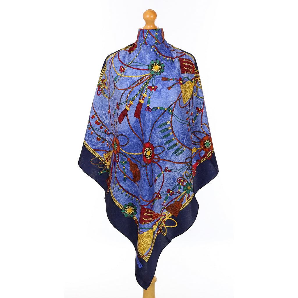 Brand New Jean Patou Blue Tassle Theme Silk Scarf
