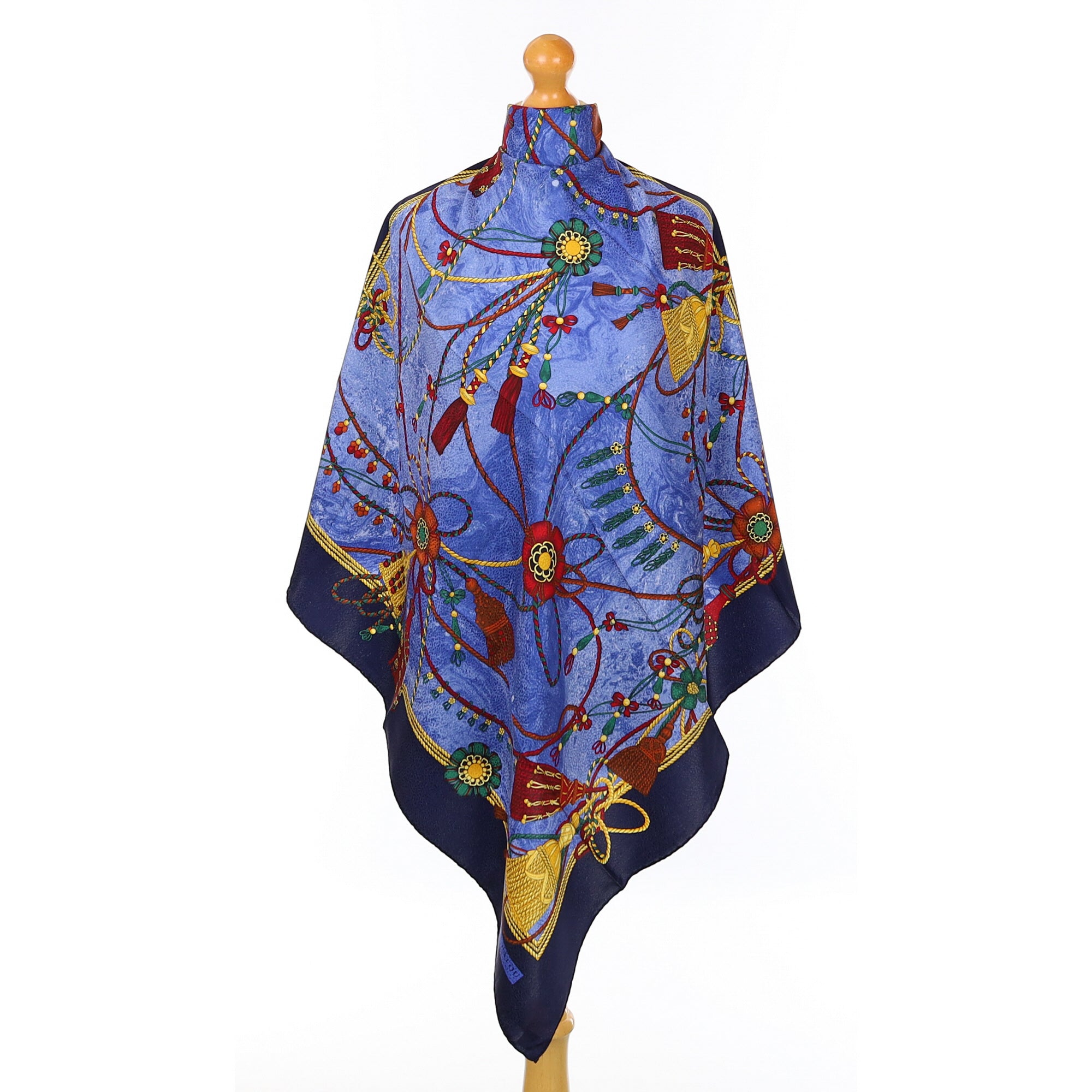 Brand New Jean Patou Blue Tassle Theme Silk Scarf