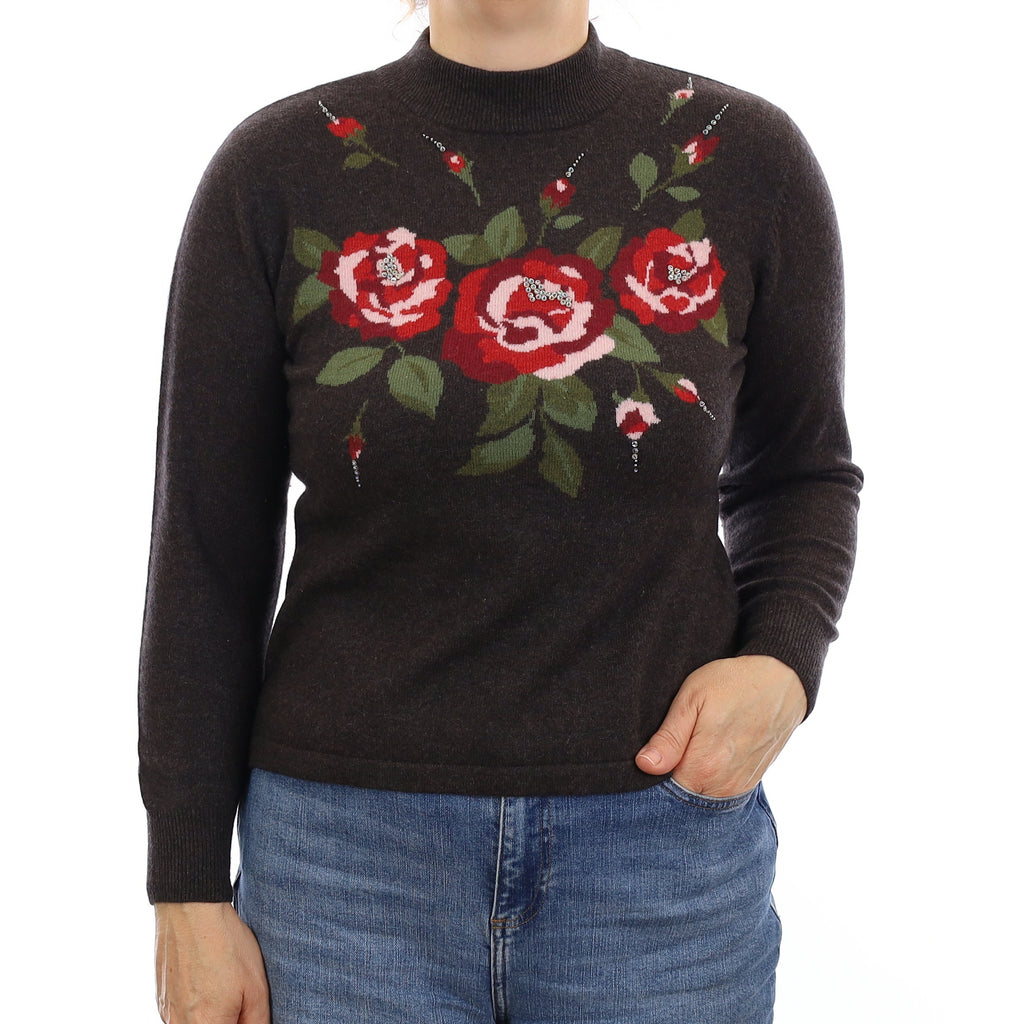 Mole Brown Floral Sequin Cashmere Turtle Neck Jumper Medium
