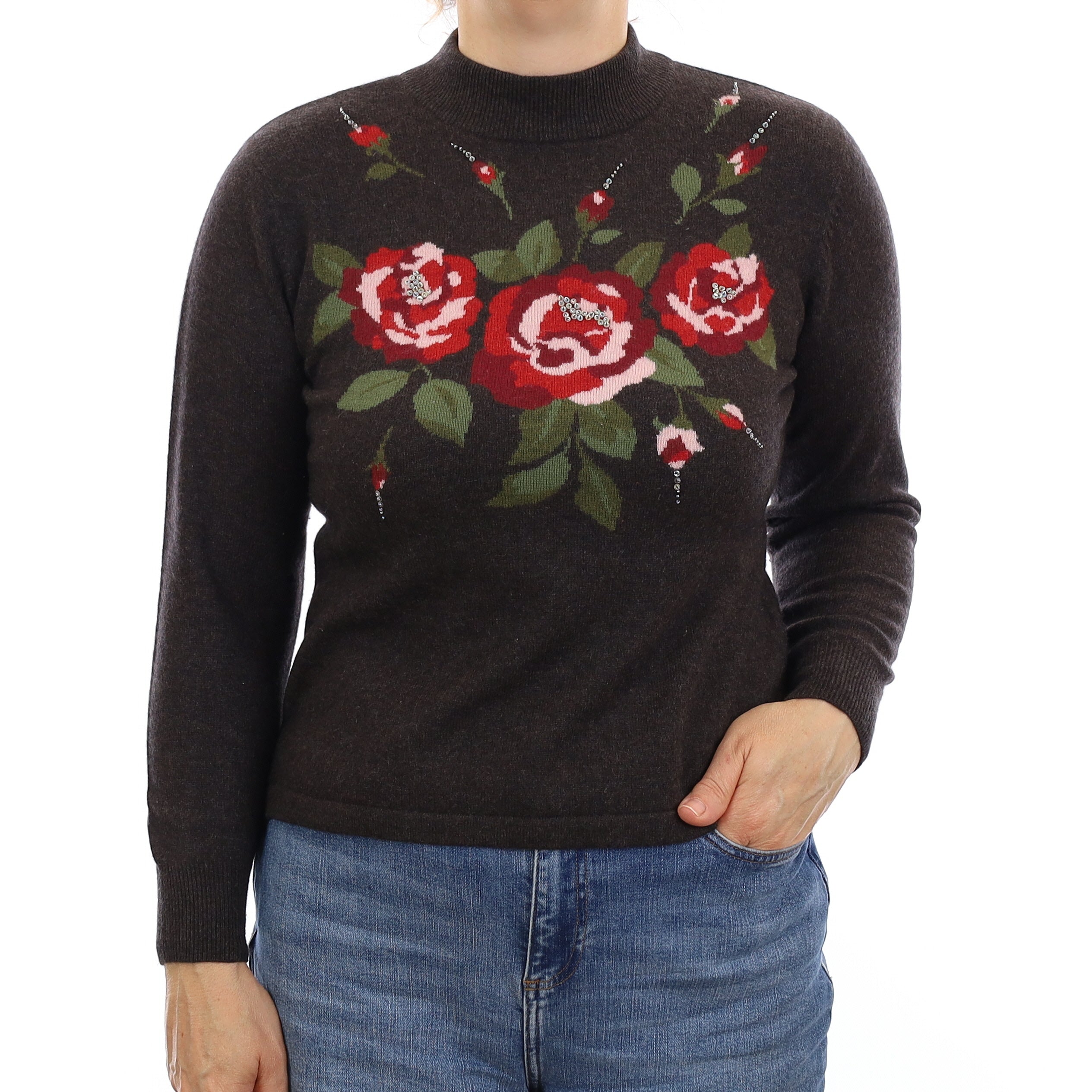 Mole Brown Floral Sequin Cashmere Turtle Neck Jumper Medium