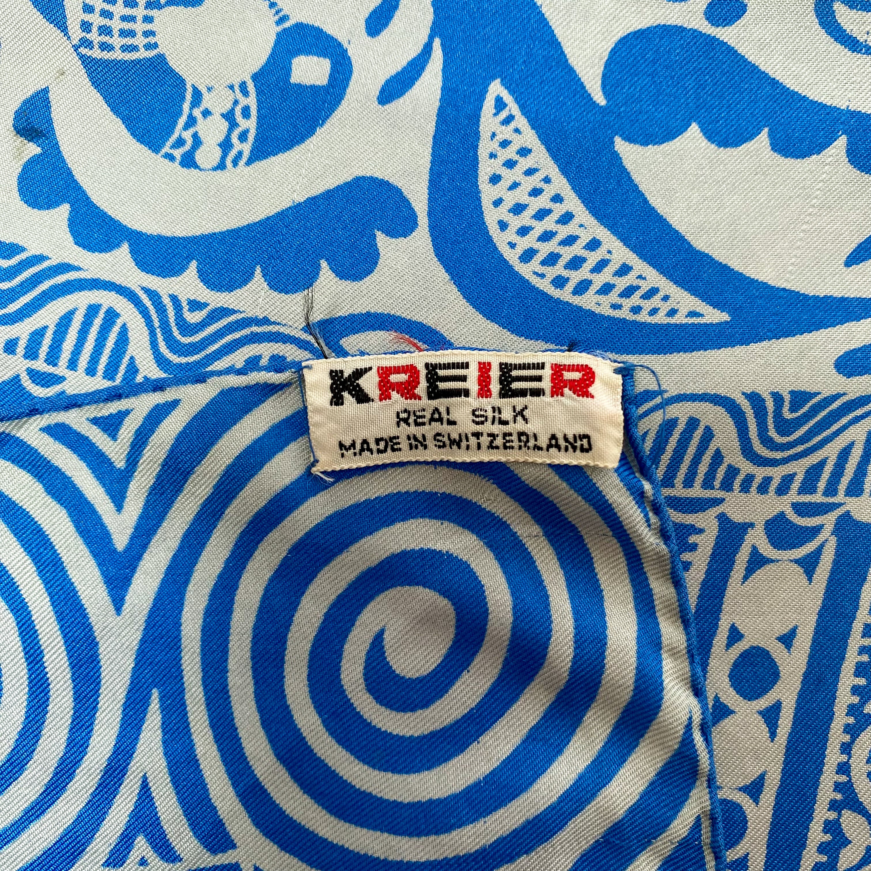 1960s Kreier Blue and Grey Vintage Silk Scarf