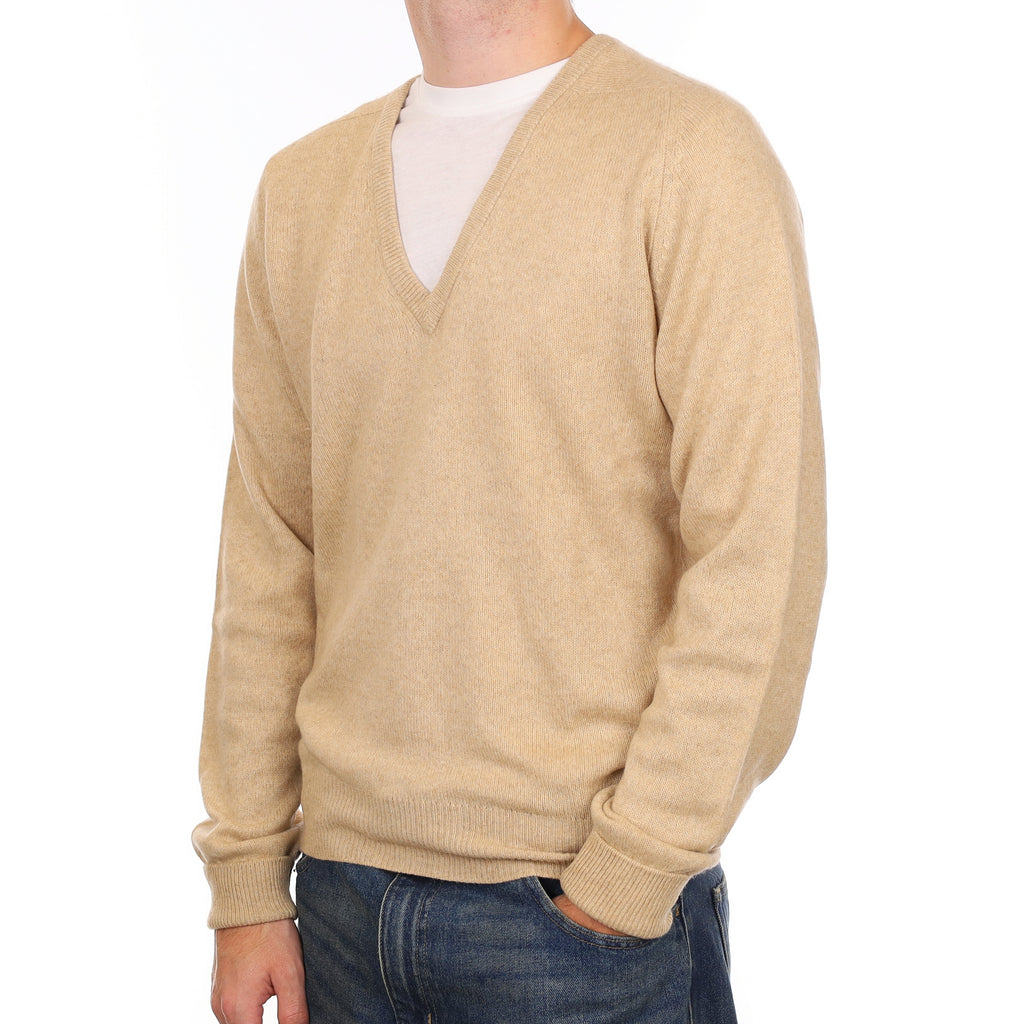 Men’s Vintage Beige Cashmere V Neck Jumper Medium