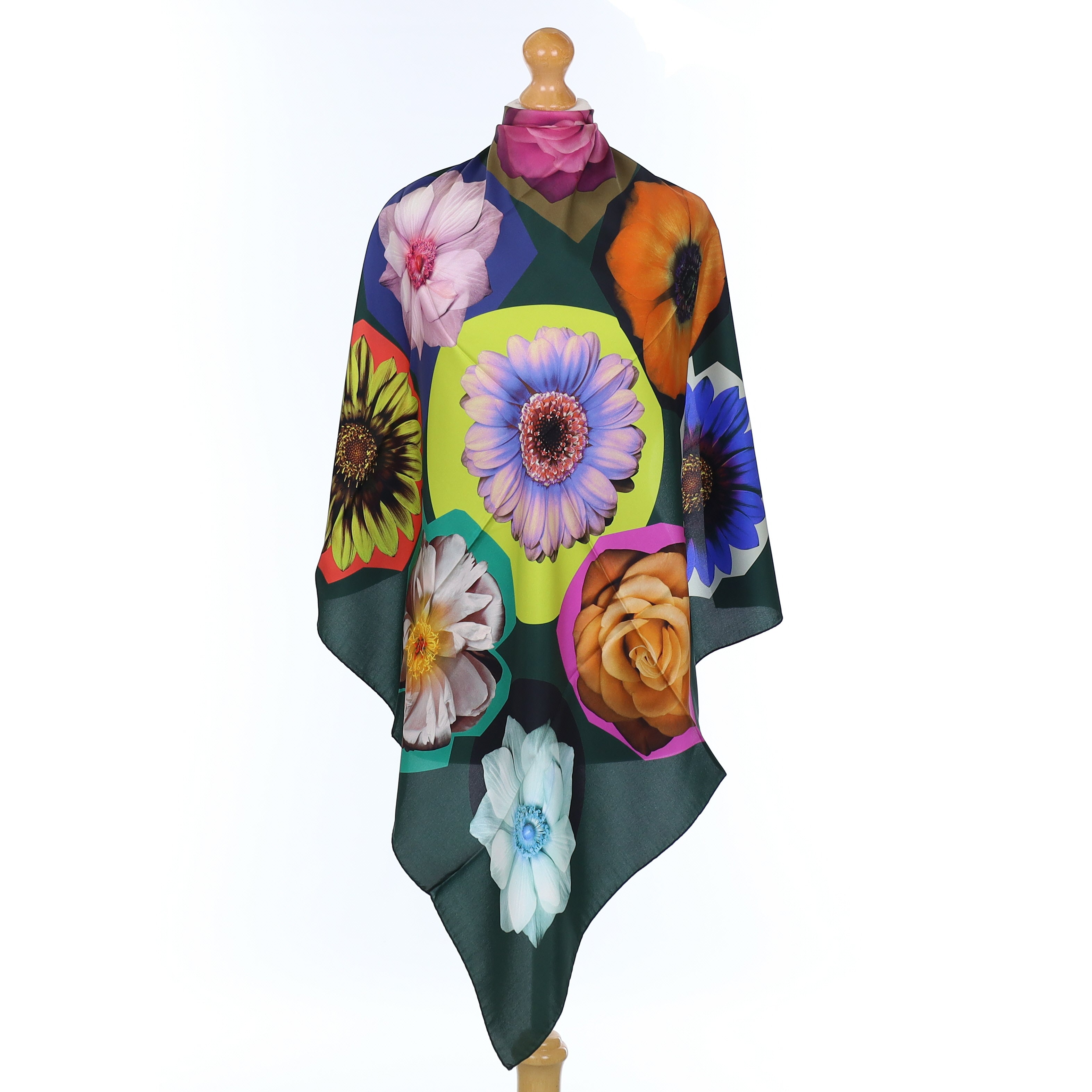 Brand New Italian Bottle Green Macro Flower Design Silk Scarf