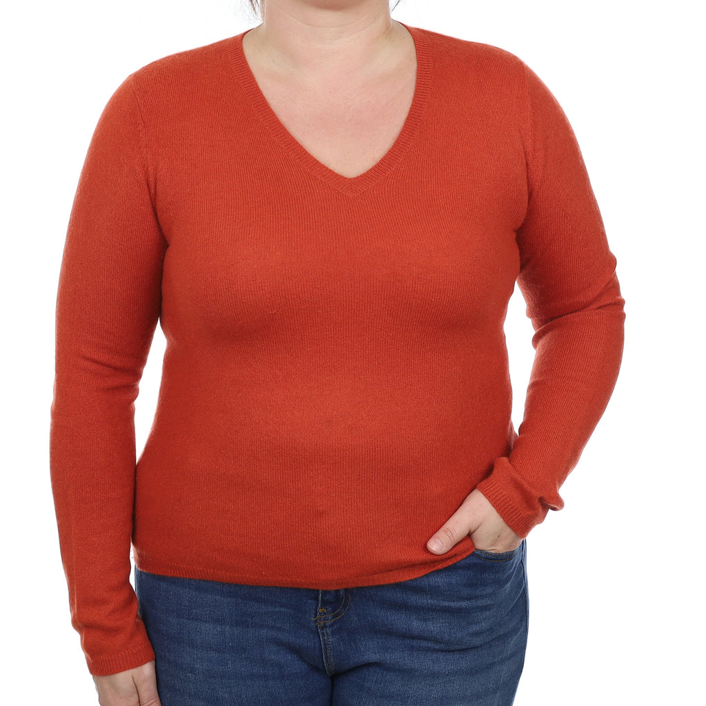 Paprika Orange Cashmere V Neck Jumper Large