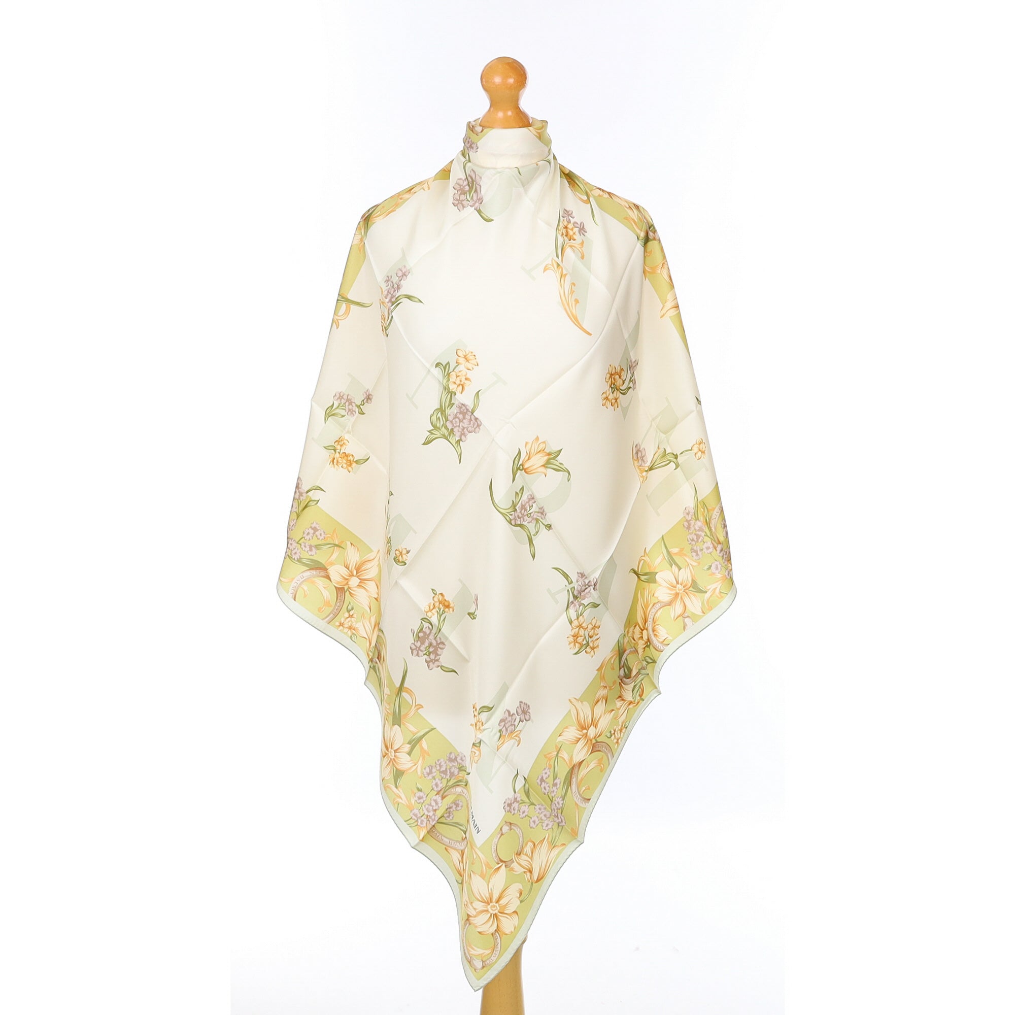 Unworn Boxed Balmain Cream and Green Floral Silk Scarf
