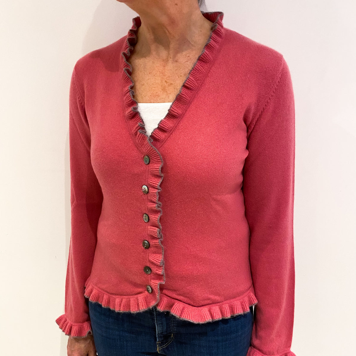 Loganberry Pink Cashmere V Neck Cardigan Medium