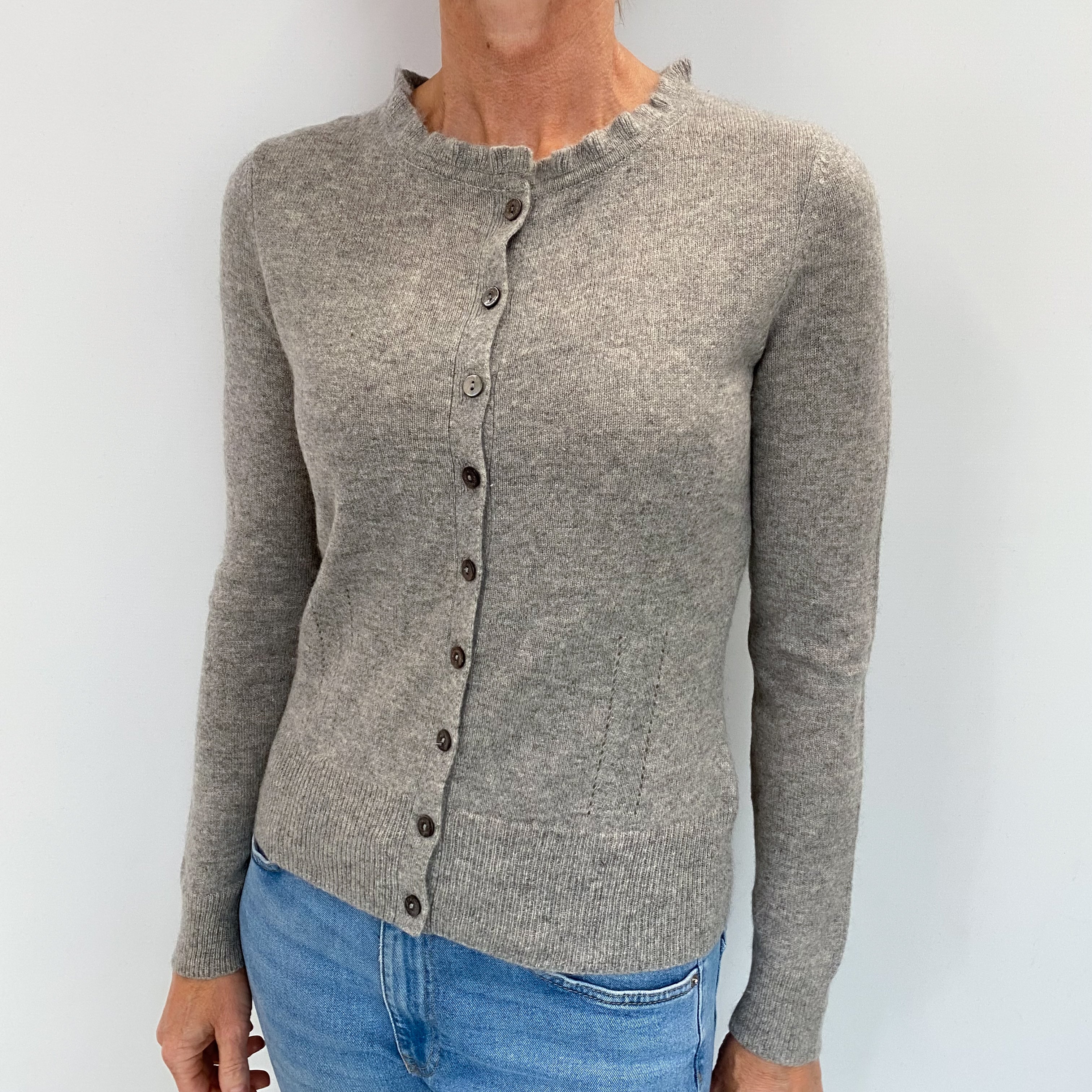 Slate Grey Cashmere Frilled Neck Cardigan Small