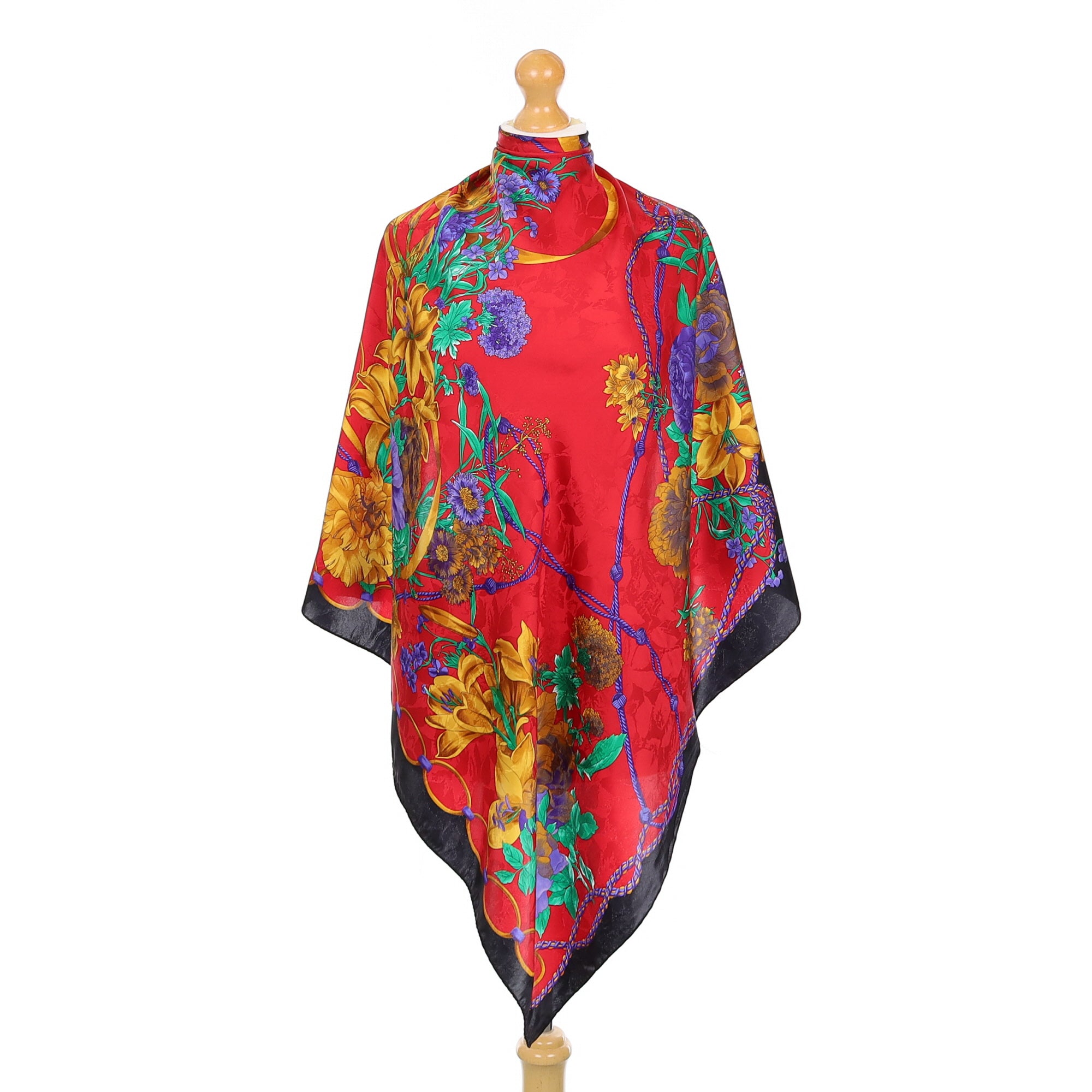 Red Floral Patterned Vintage Silk Scarf