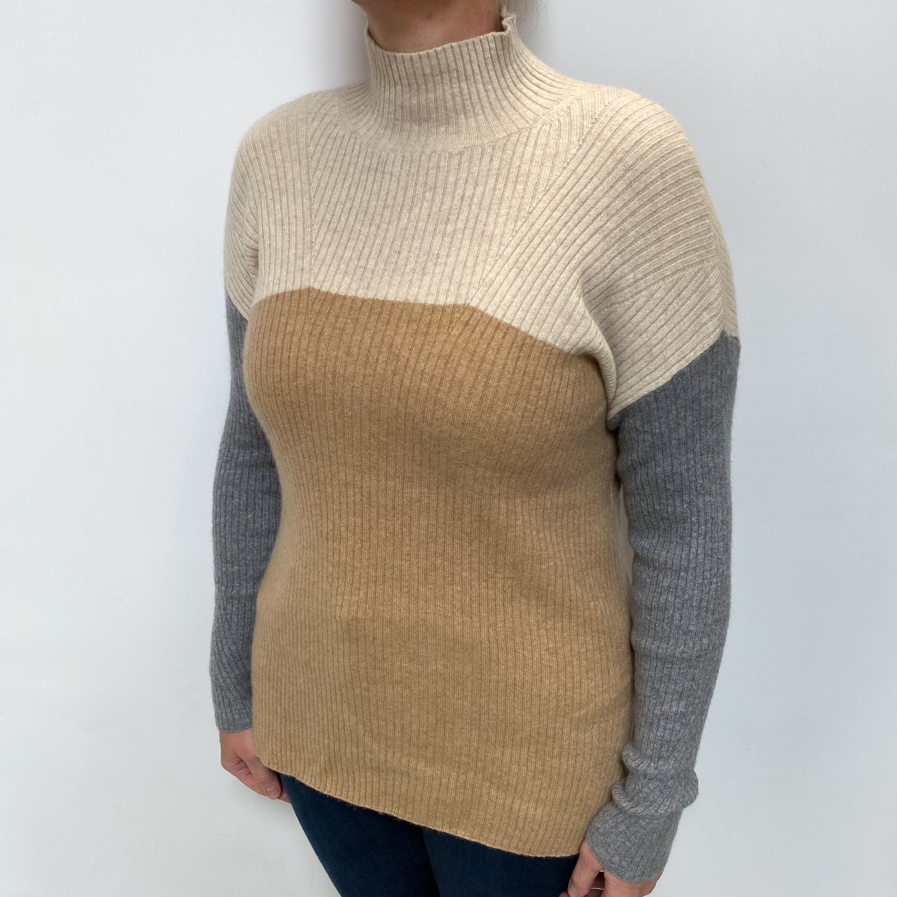 Camel Beige Colour Block Cashmere Polo Neck Jumper Large