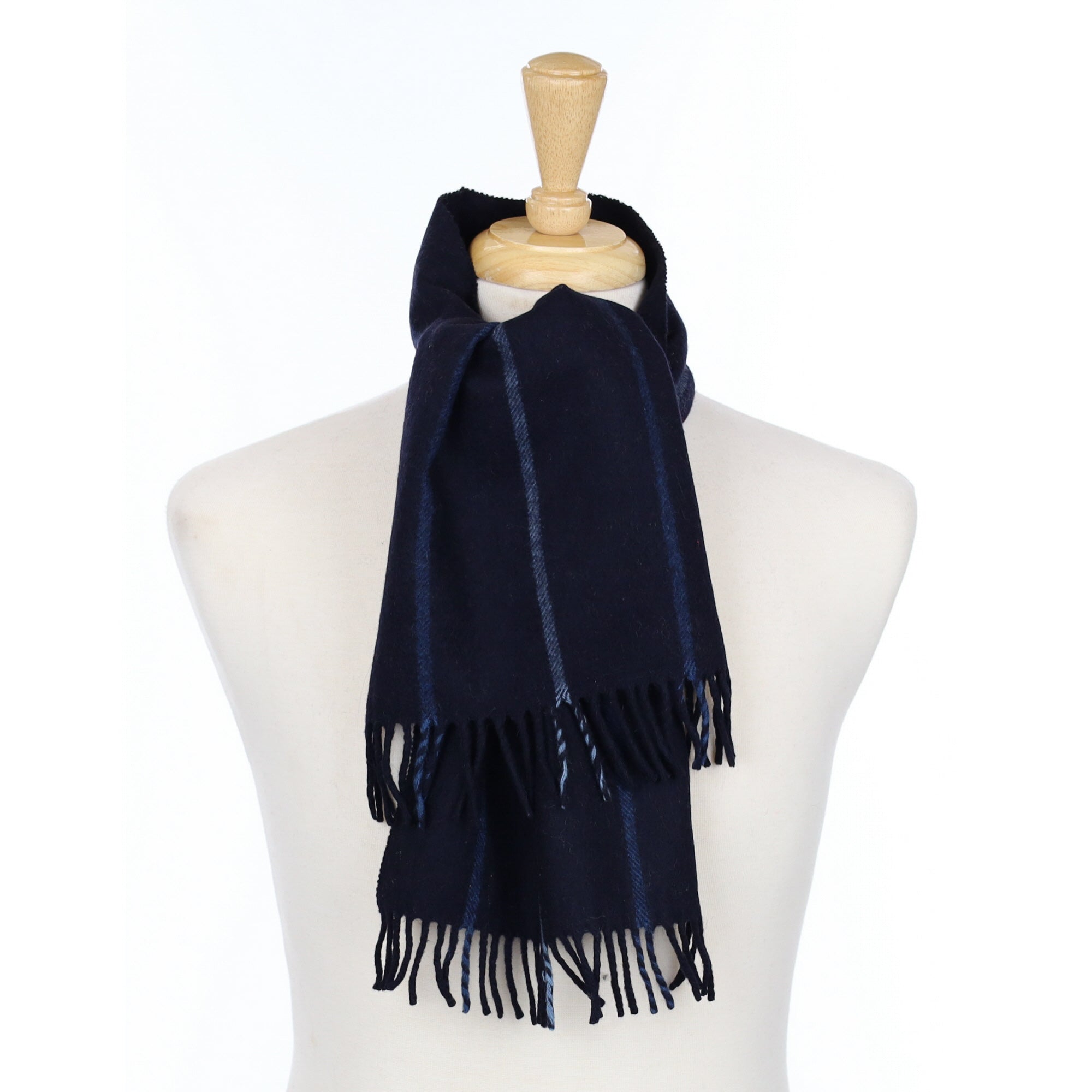 Navy Striped Cashmere Woven Fringed Scarf