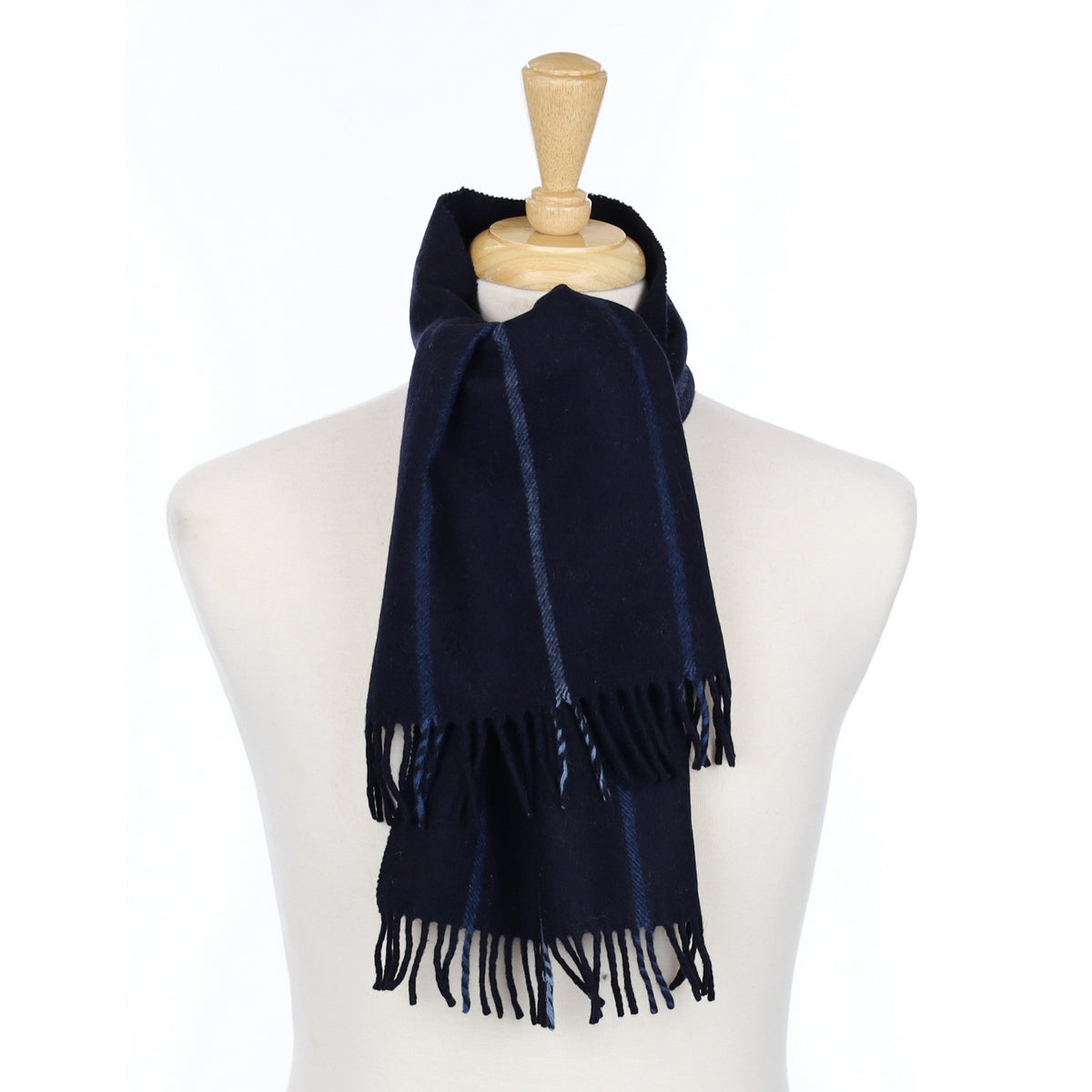 Navy Striped Cashmere Woven Fringed Scarf