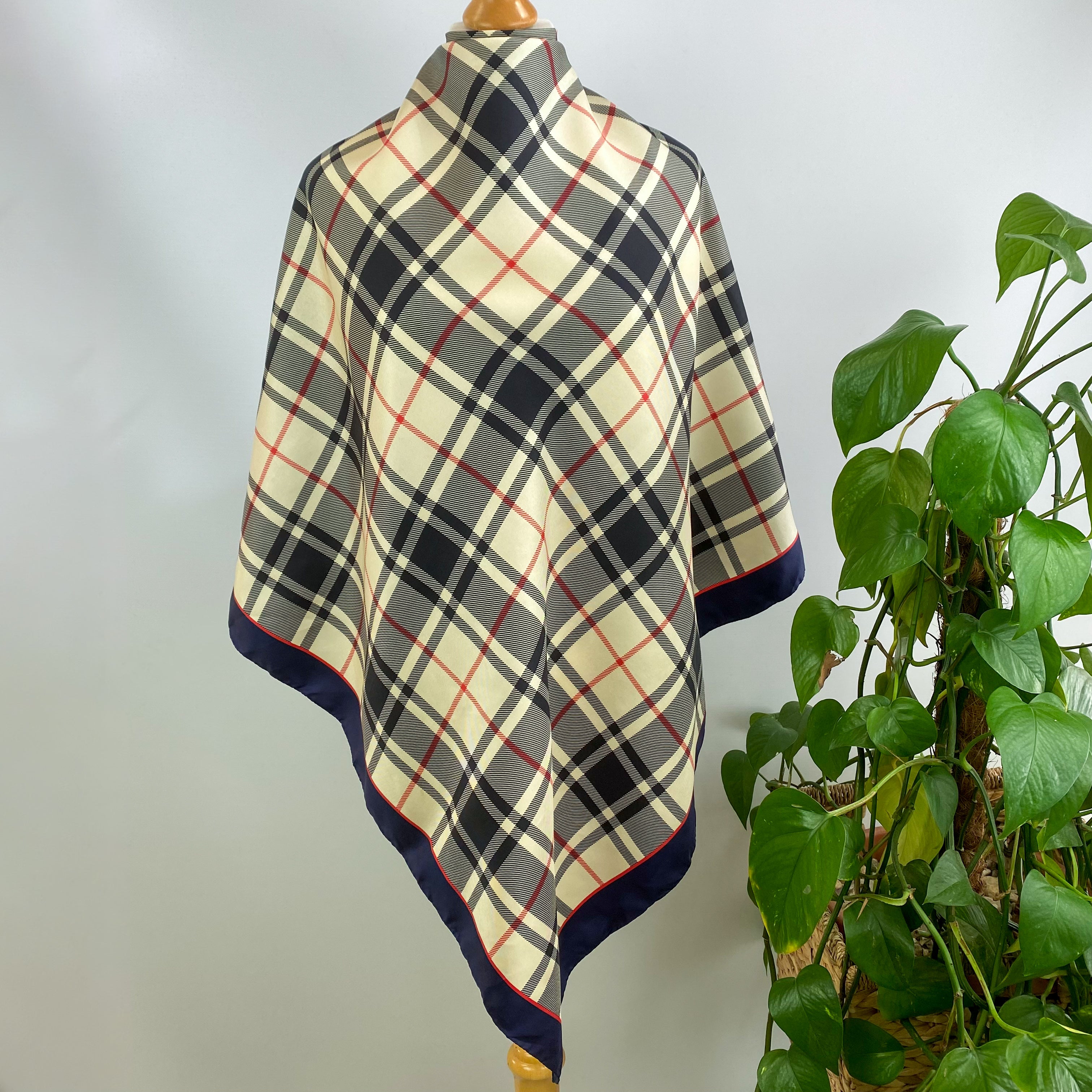 Italian Cream and Navy Blue Check Silk Scarf