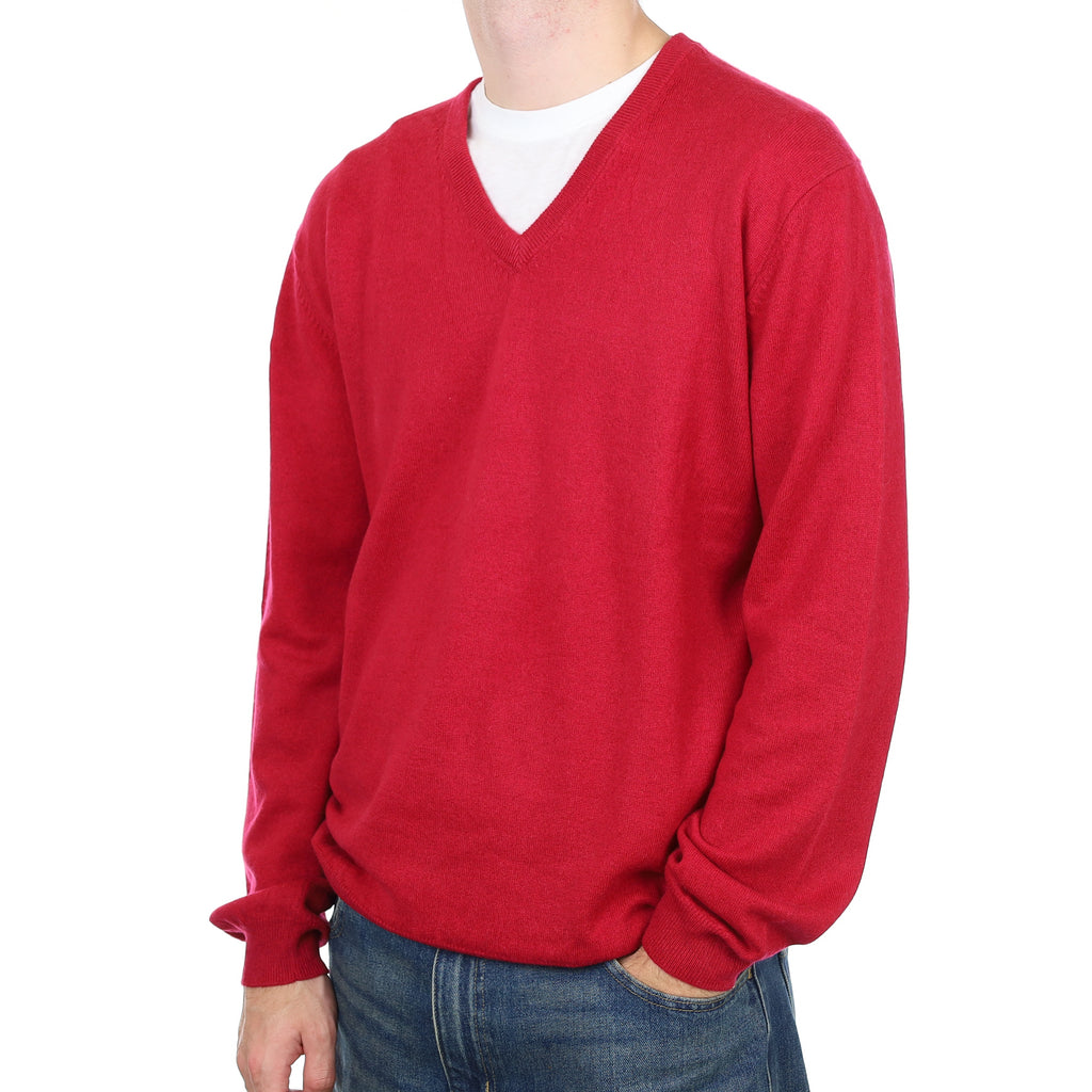 Men’s Cherry Red Cashmere V Neck Jumper Large