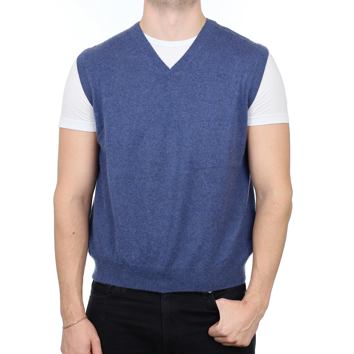 Men’s Denim Blue Cashmere V Neck Tank Top XL