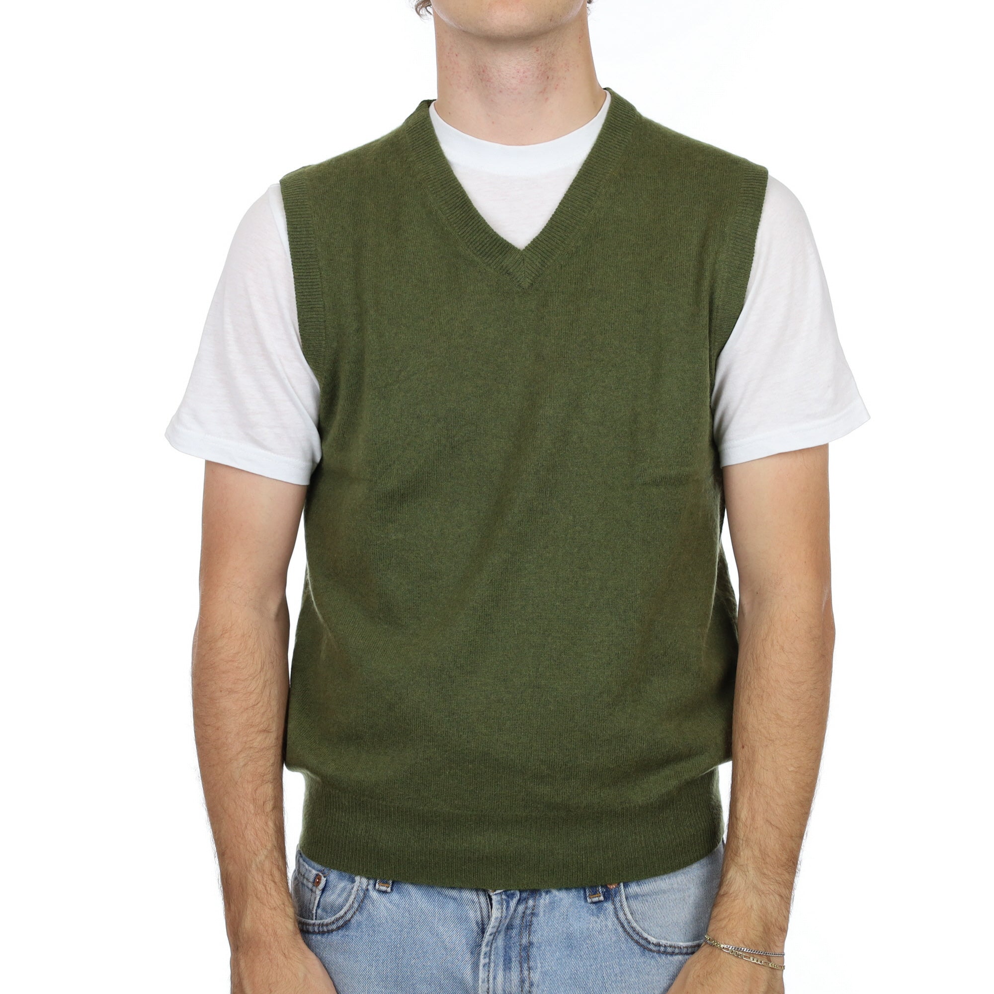 Men's Moss Green Cashmere V Neck Vest Jumper Medium