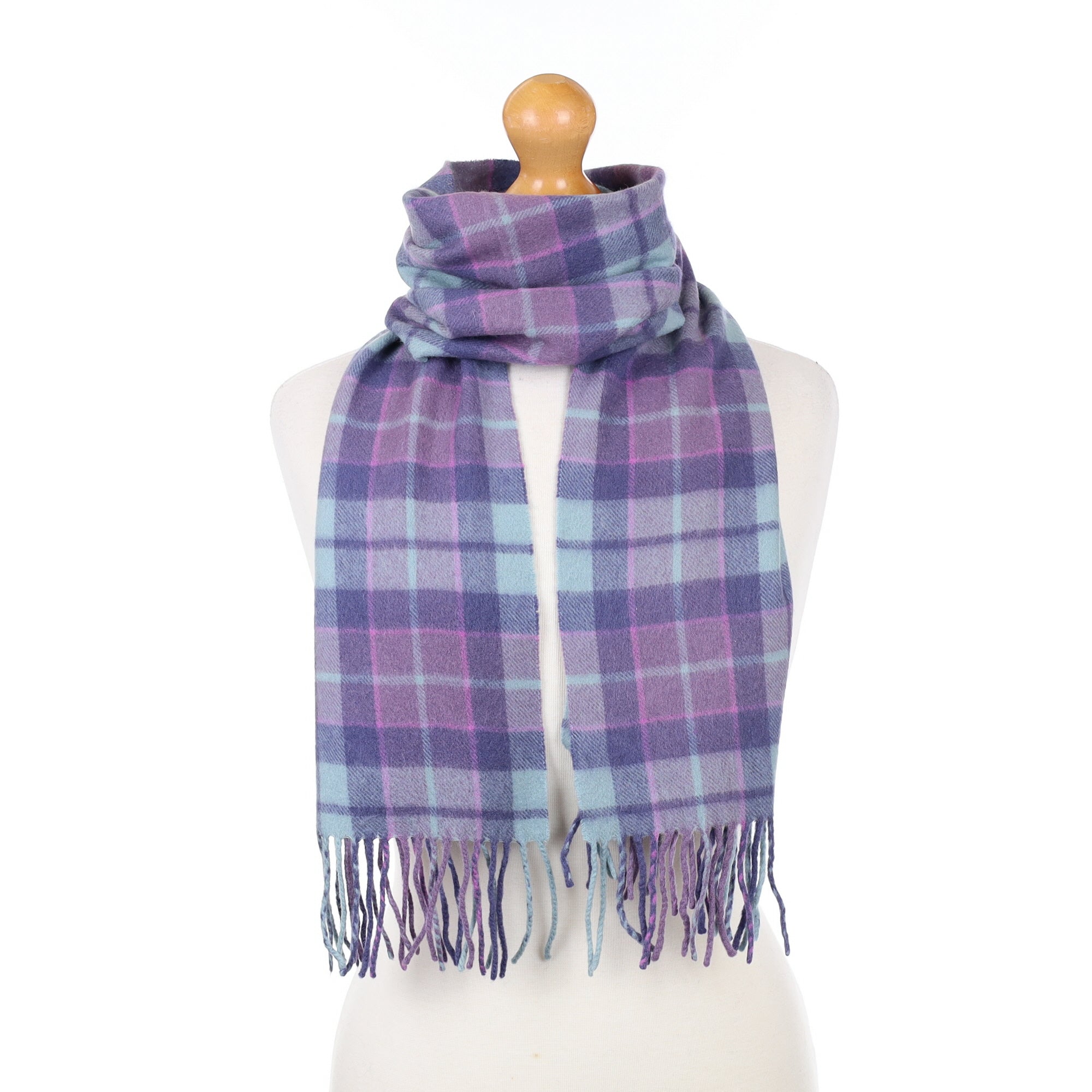Aqua and Purple Checked Cashmere Woven Scarf