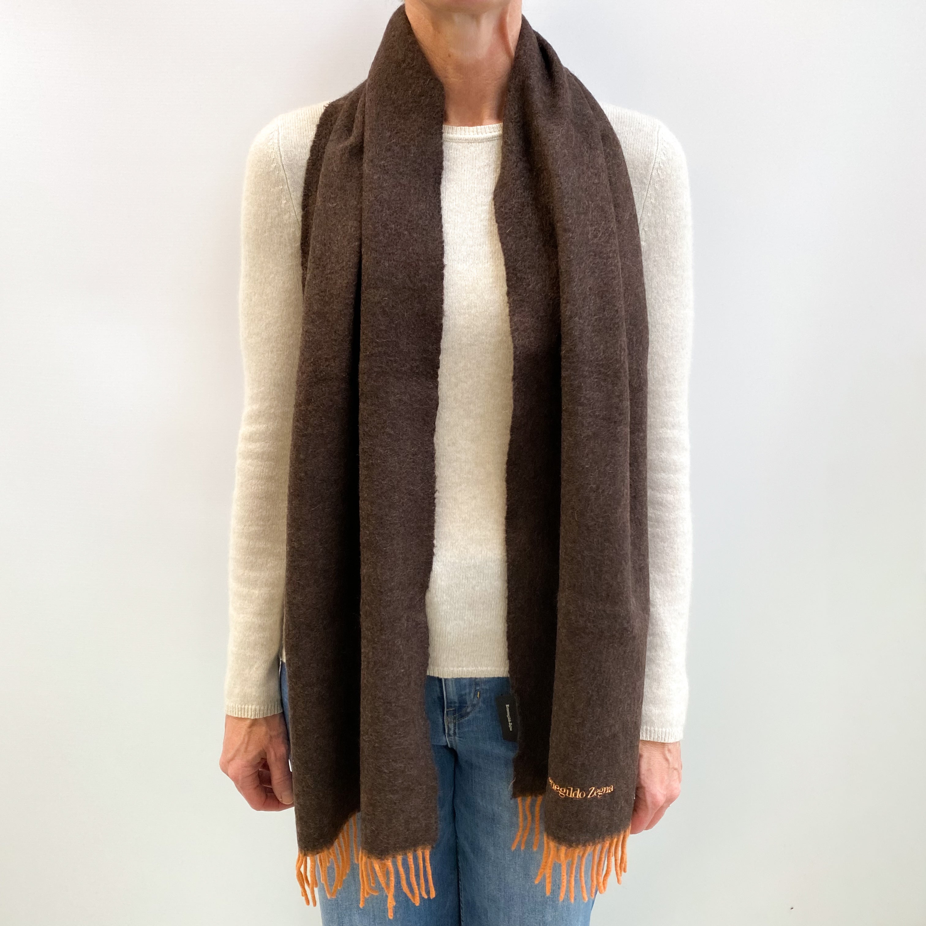 Brown and Orange Fringed Cashmere Woven Scarf