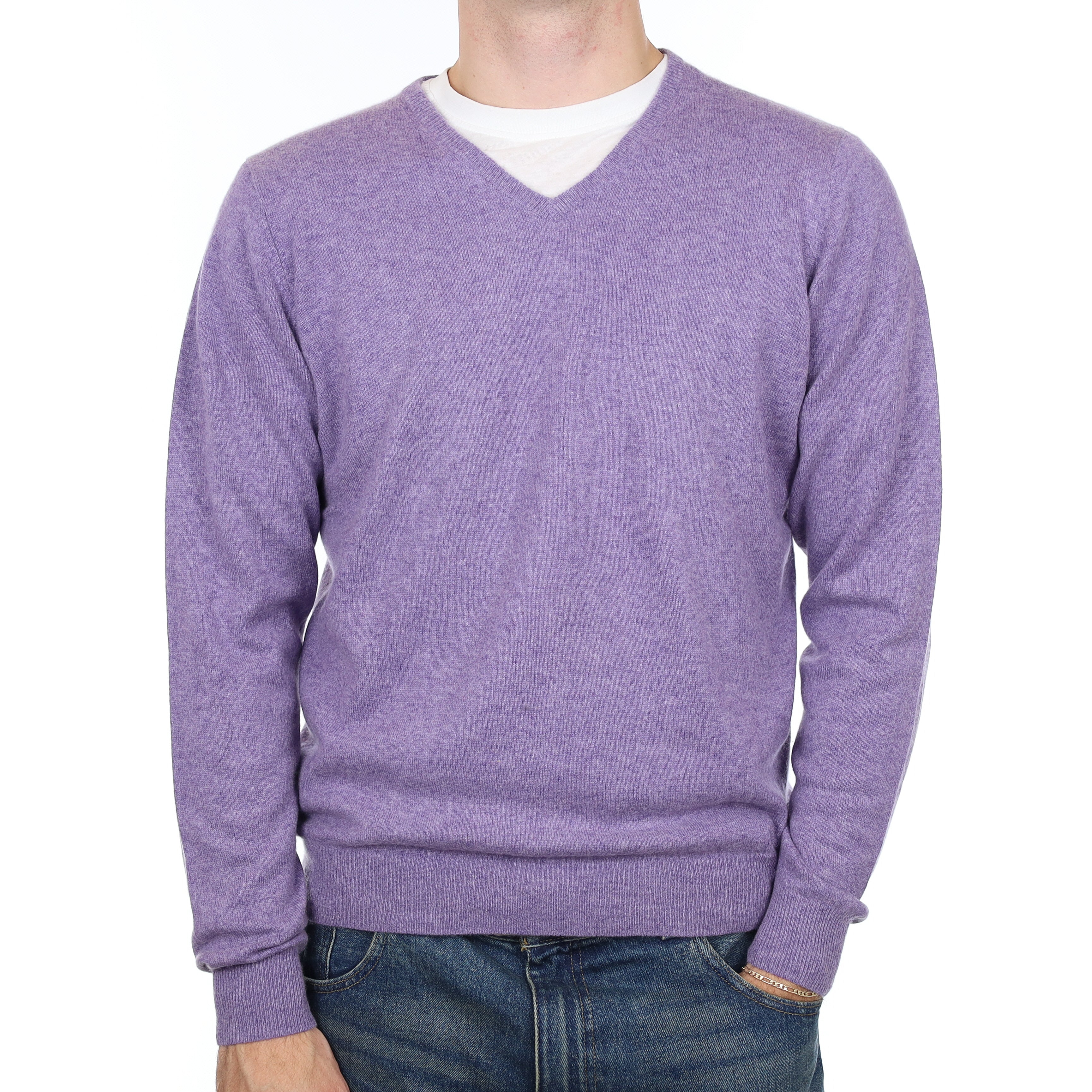 Men’s Lavender Purple Cashmere V Neck Jumper Medium