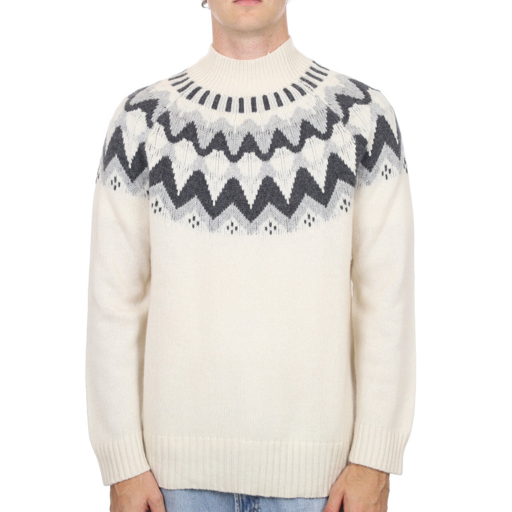 Men’s Light Cream Fair Isle Cashmere Turtle Neck Jumper Large