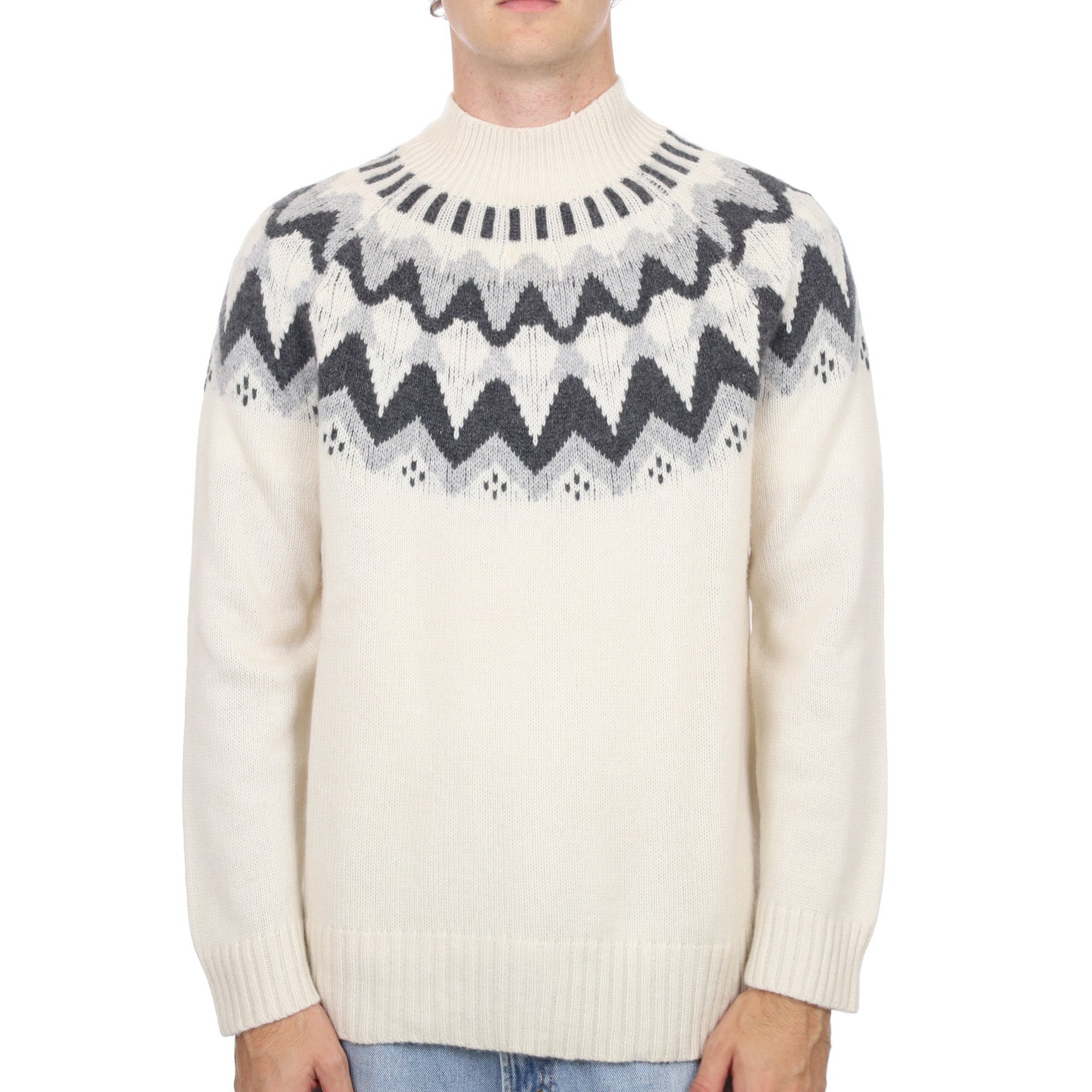 Men’s Light Cream Fair Isle Cashmere Turtle Neck Jumper Large