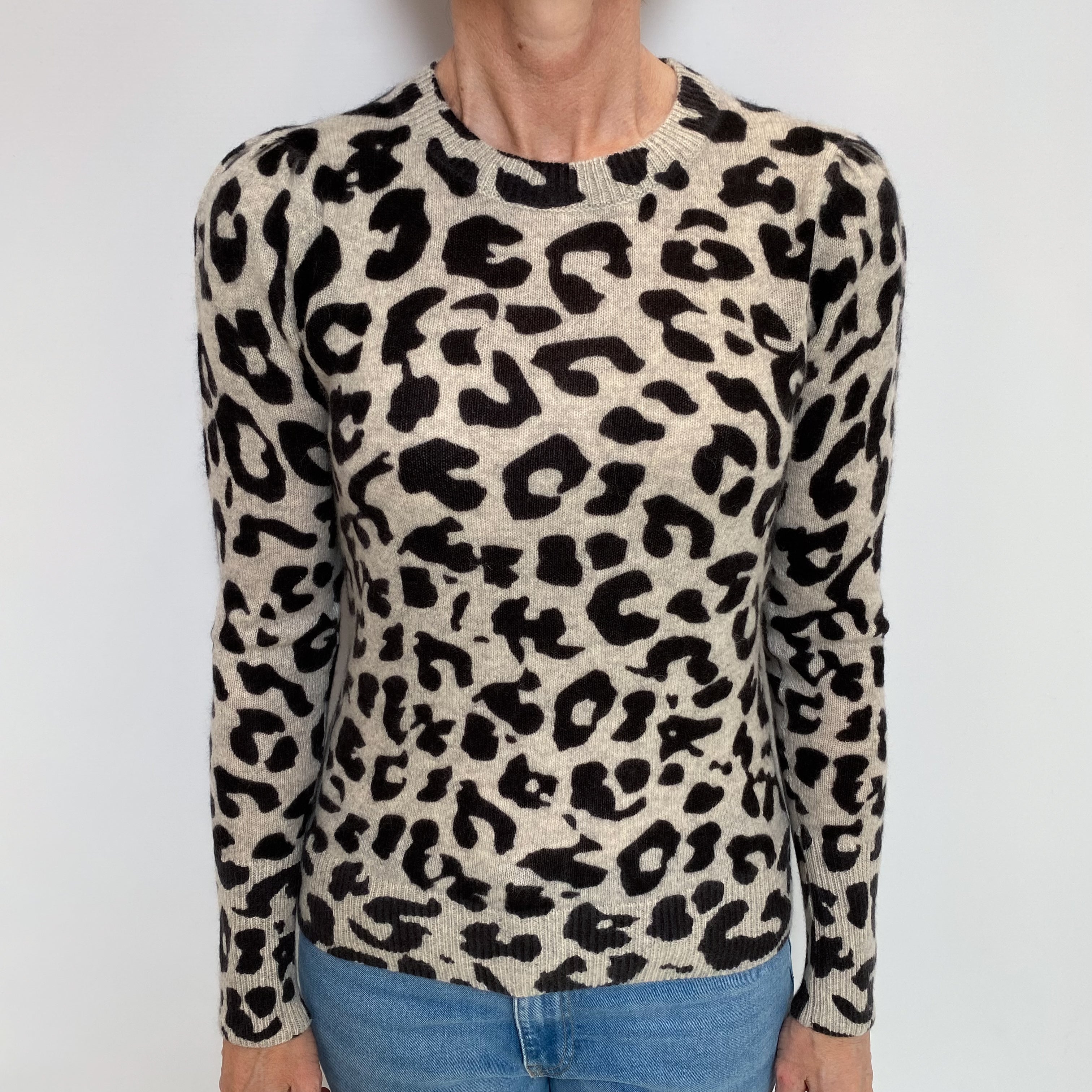 Grey Animal Print Cashmere Crew Neck Jumper Small