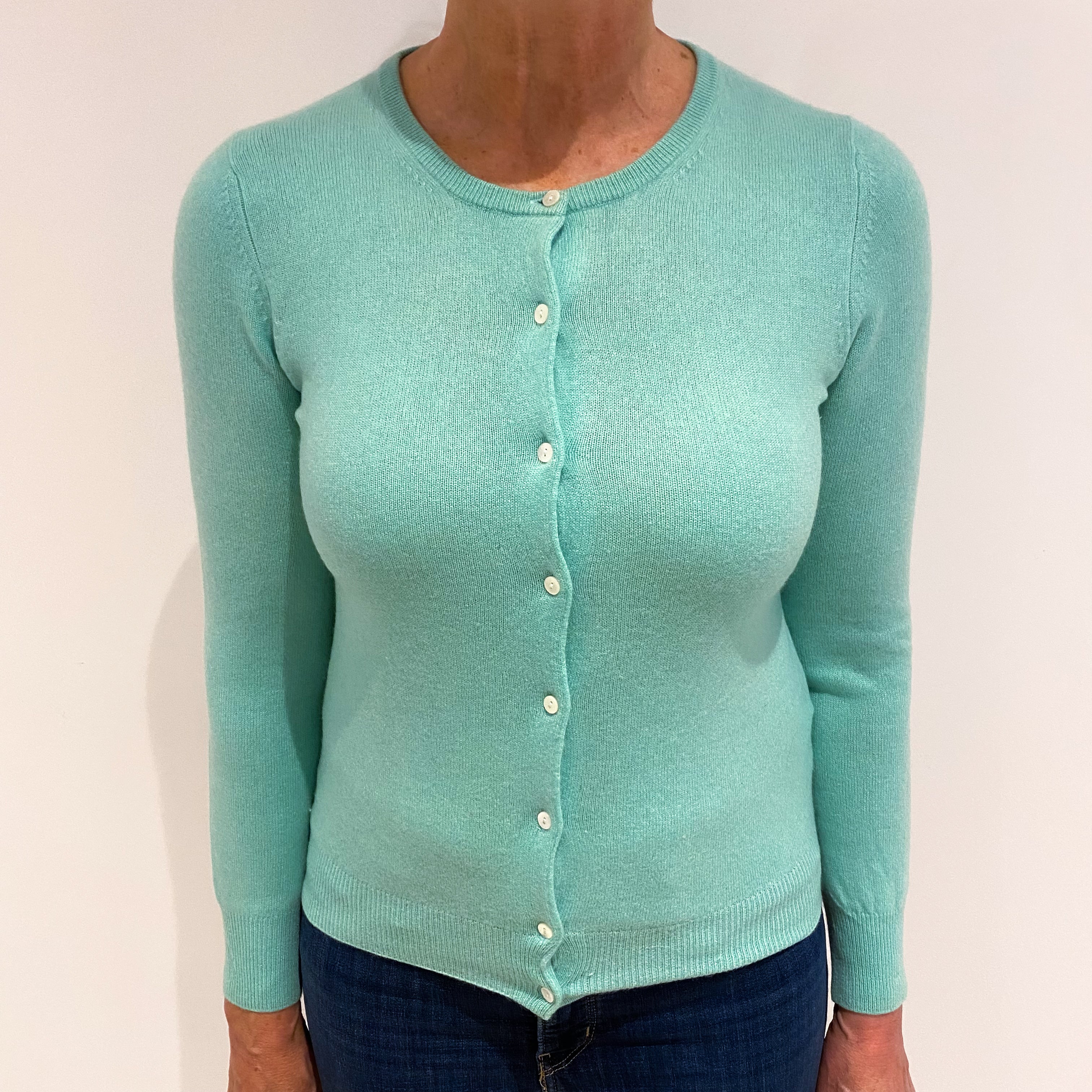 Deep Mint Green Cashmere Crew Neck Cardigan Medium