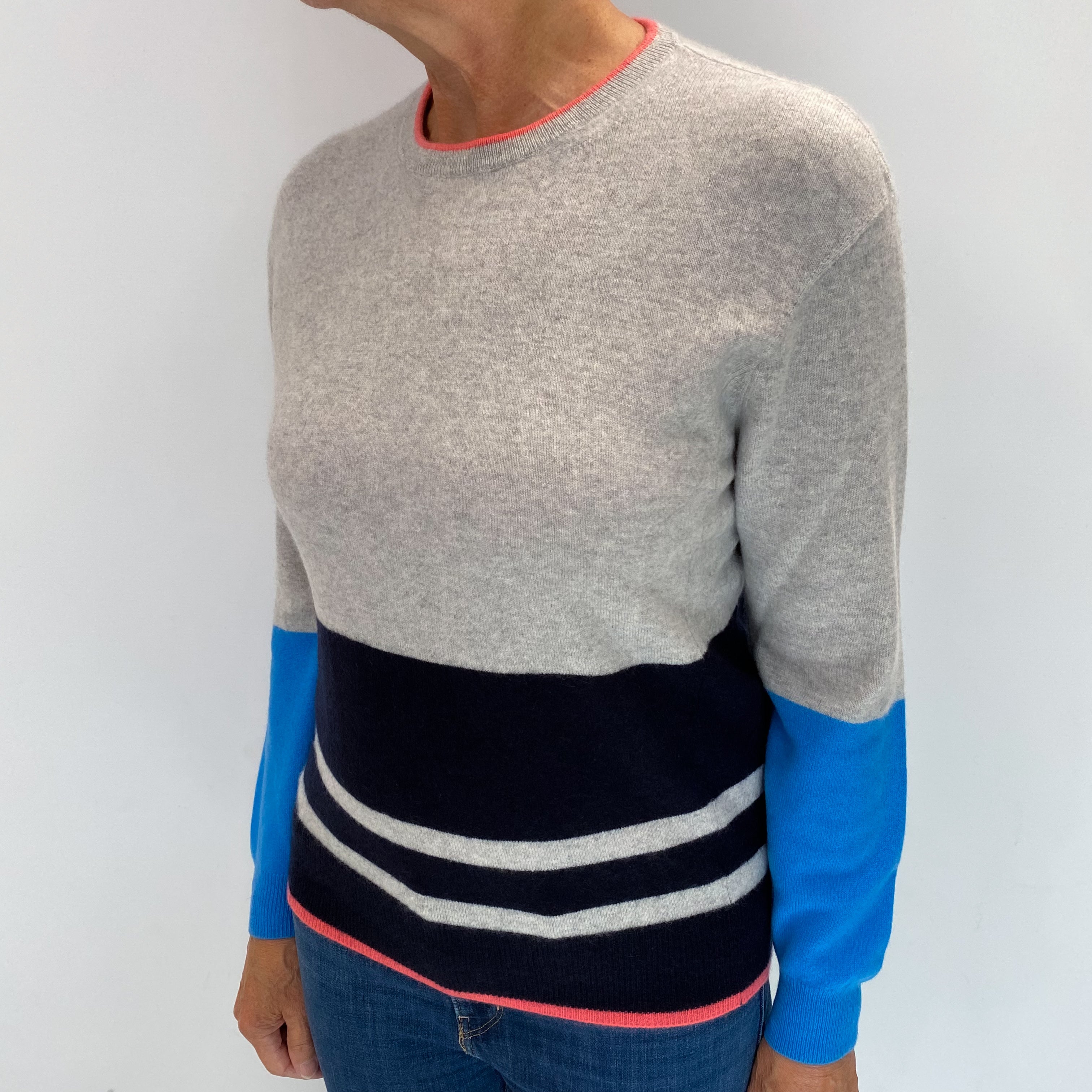 Grey and Navy Stripe Cashmere Crew Neck Jumper Medium