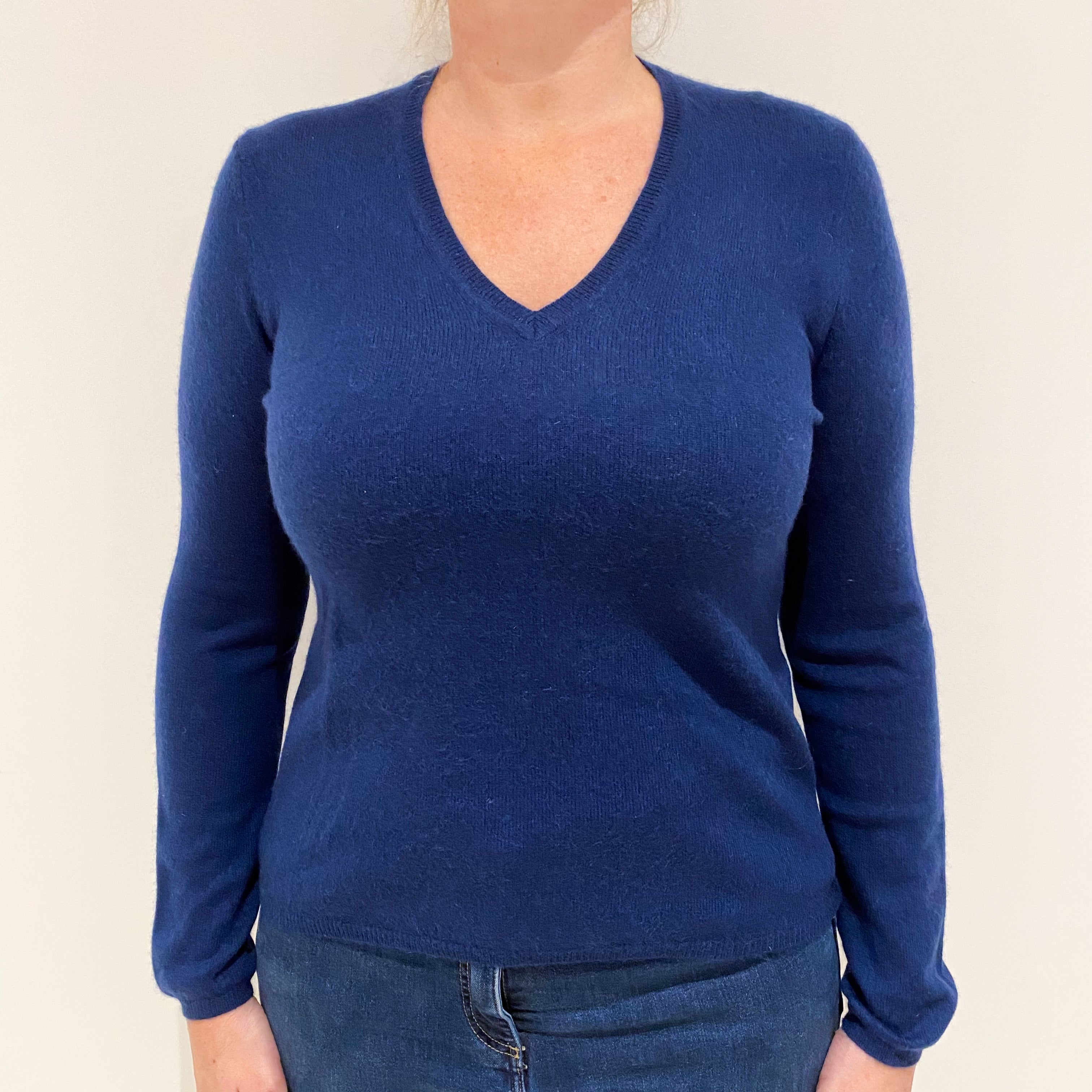 French Navy Blue Cashmere V-Neck Jumper Large