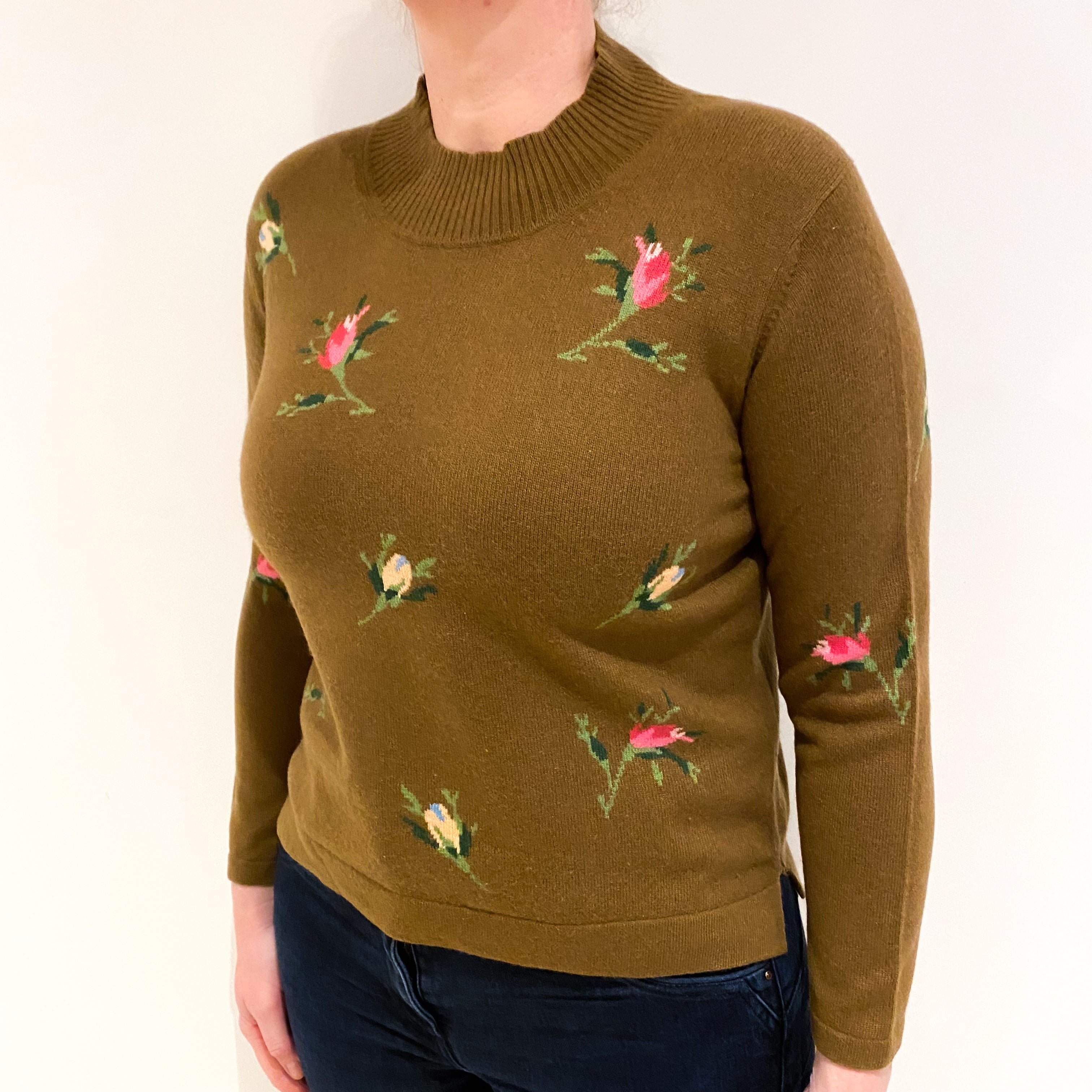Chestnut Brown Floral Design Cashmere Turtle Neck Jumper Large