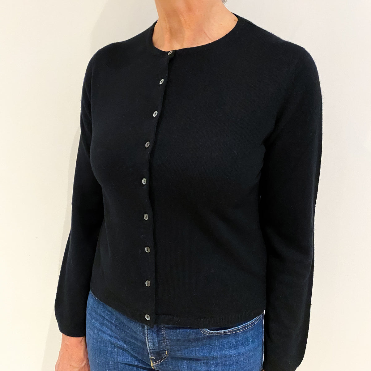 Black Cashmere Crew Neck Cardigan Medium