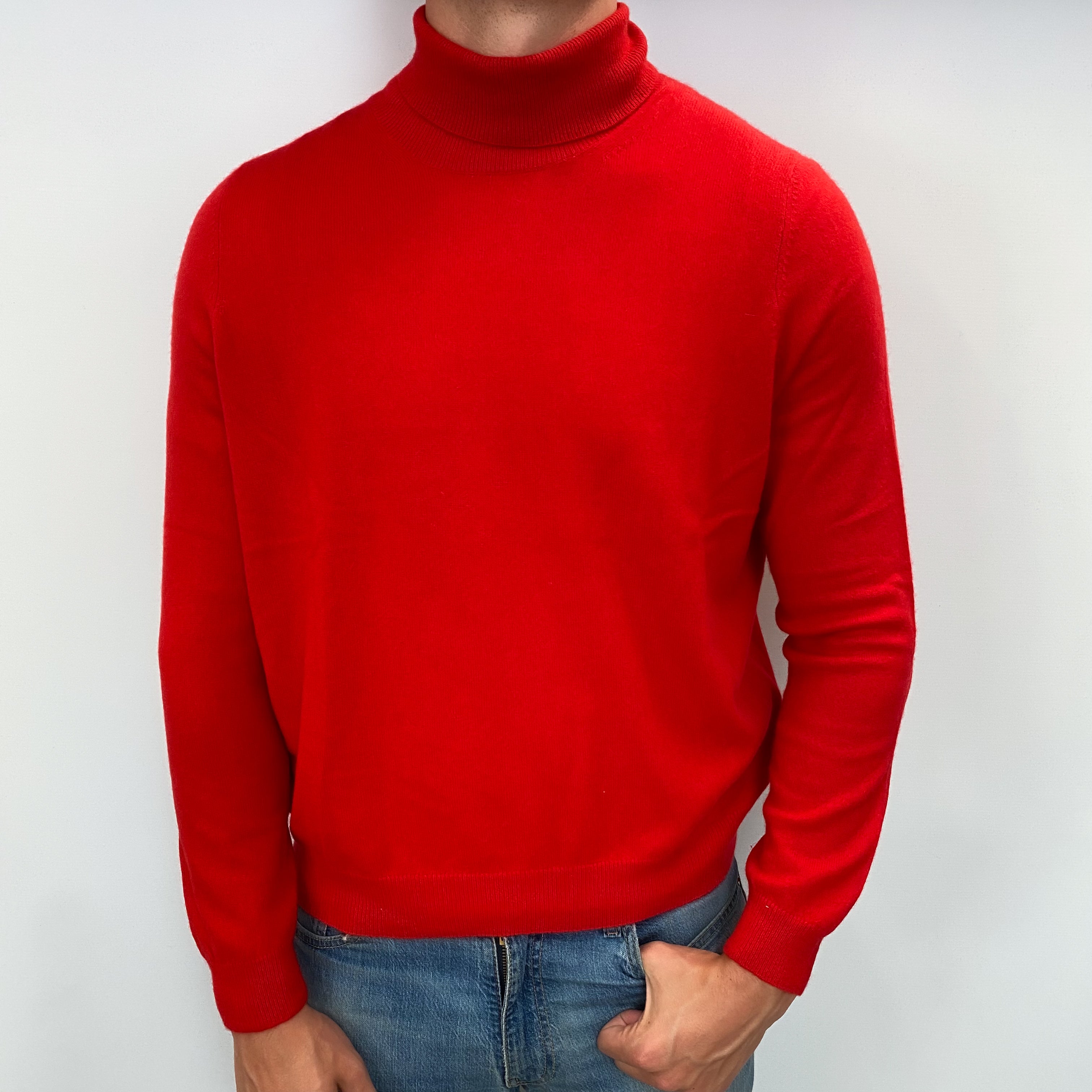 Men's Tomato Red Cashmere Polo Neck Jumper XL