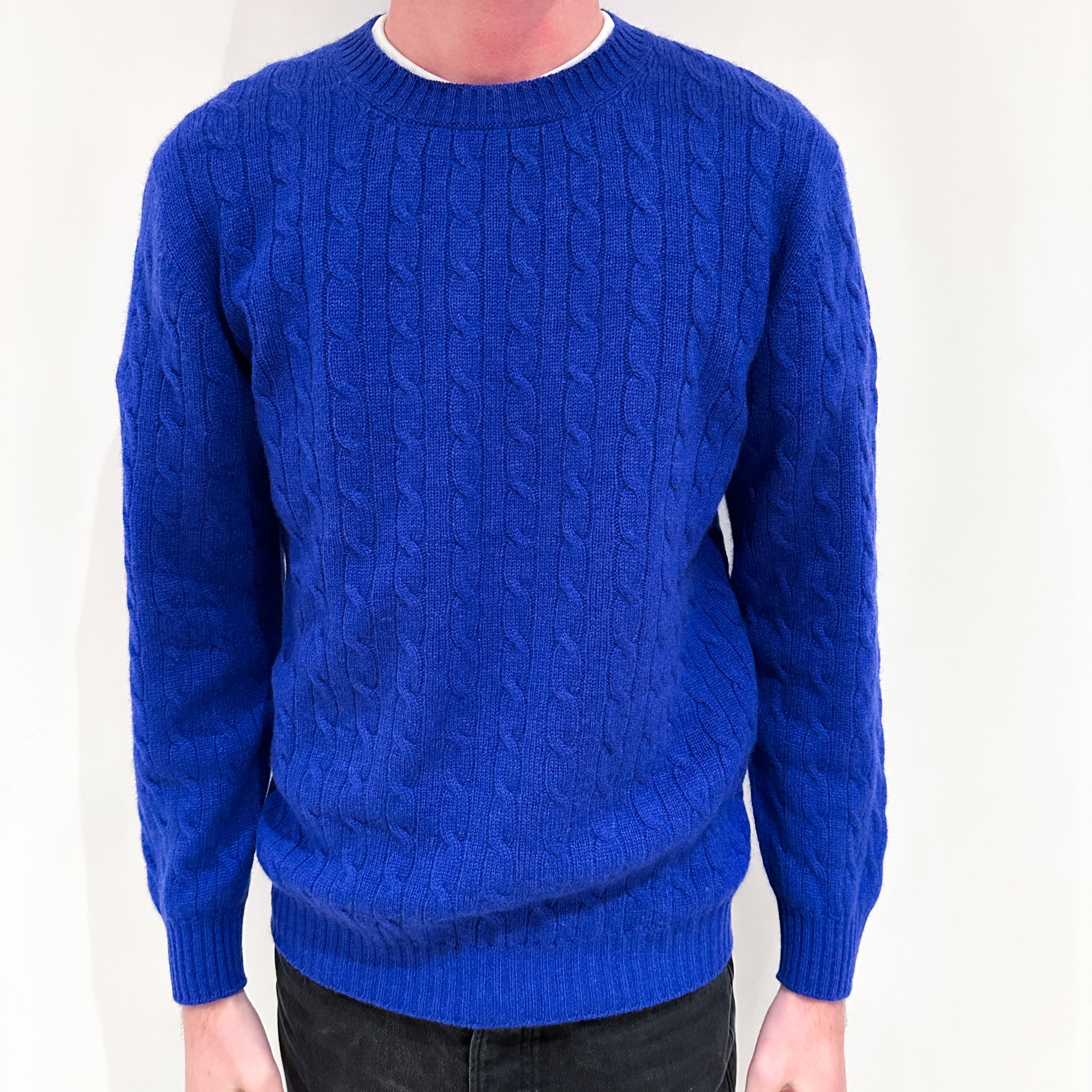 Men's Brand New Scottish Bright Royal Blue Cable Cashmere Crew Neck Jumper Small