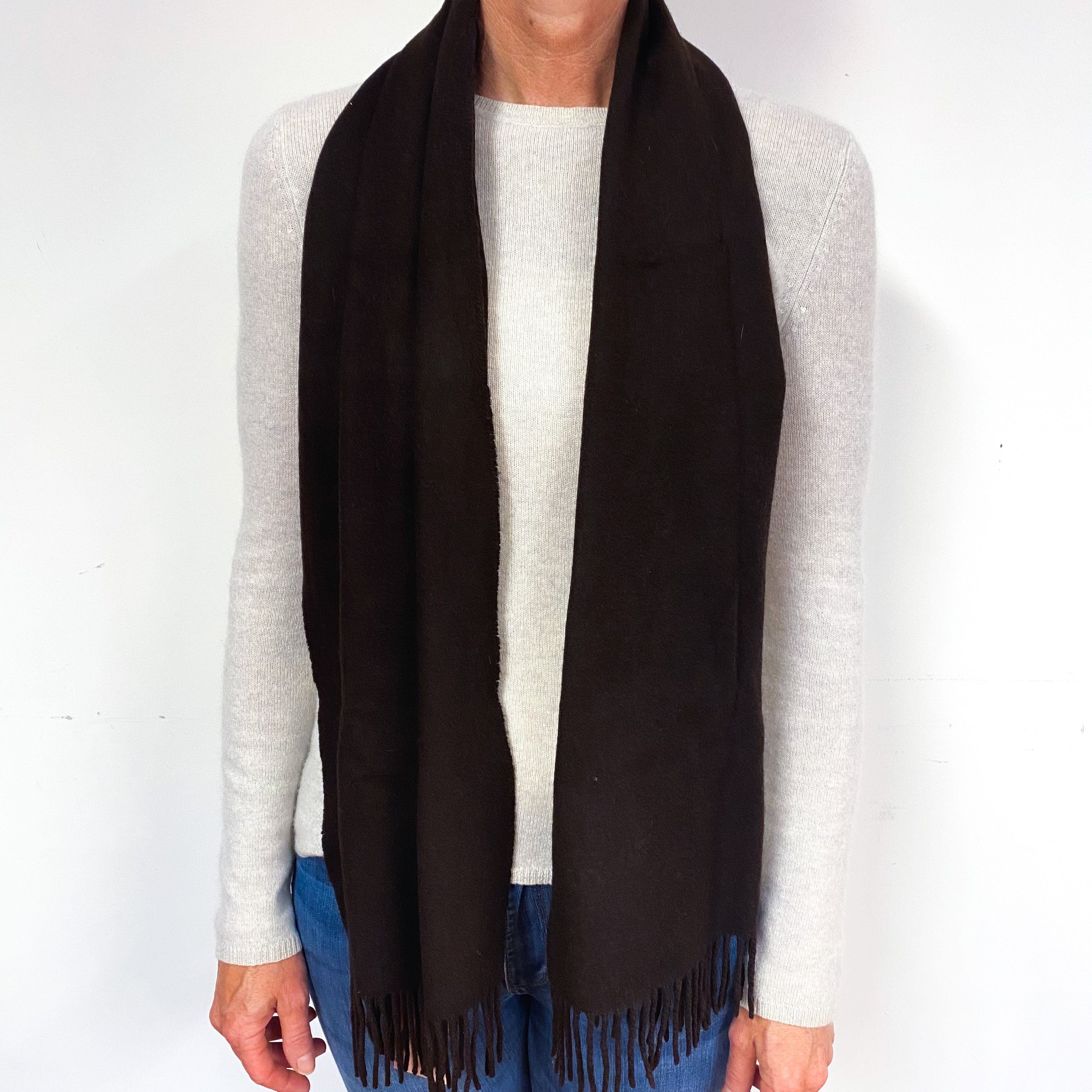 Dark Chocolate Brown Fringed Cashmere Woven Scarf