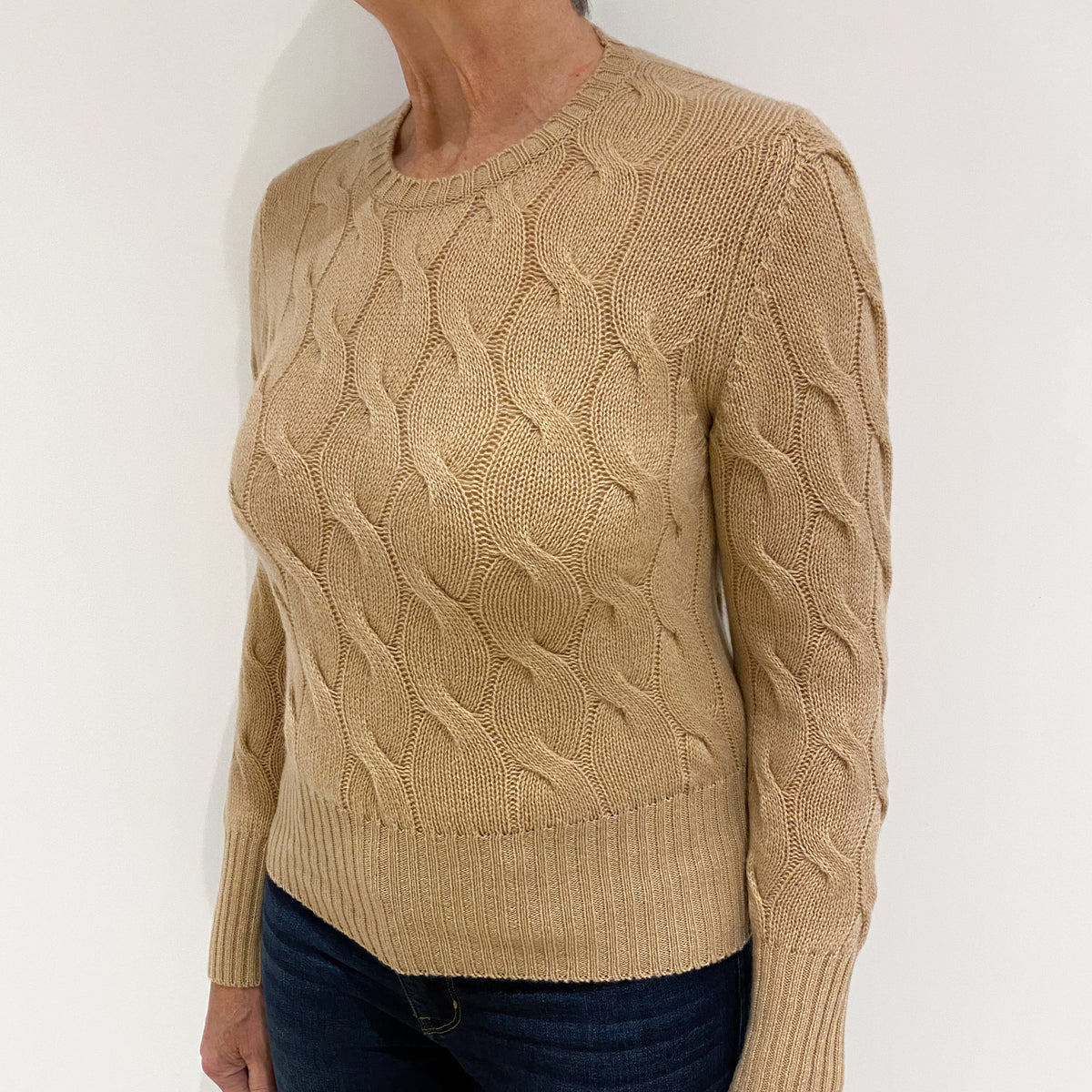 Brand New Scottish Cashmere Camel Brown Cable Crew Neck Jumper Medium
