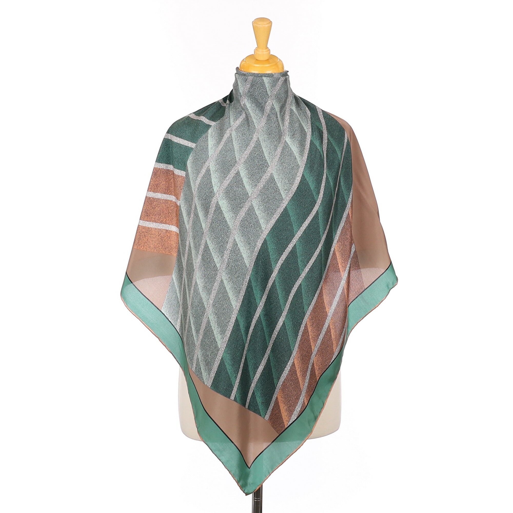 Unworn Green and Taupe Vintage Silk Scarf