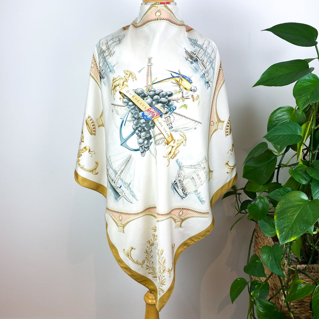 Boxed Hermes 1954 Bordeaux Porte Ocean Vintage Silk Scarf