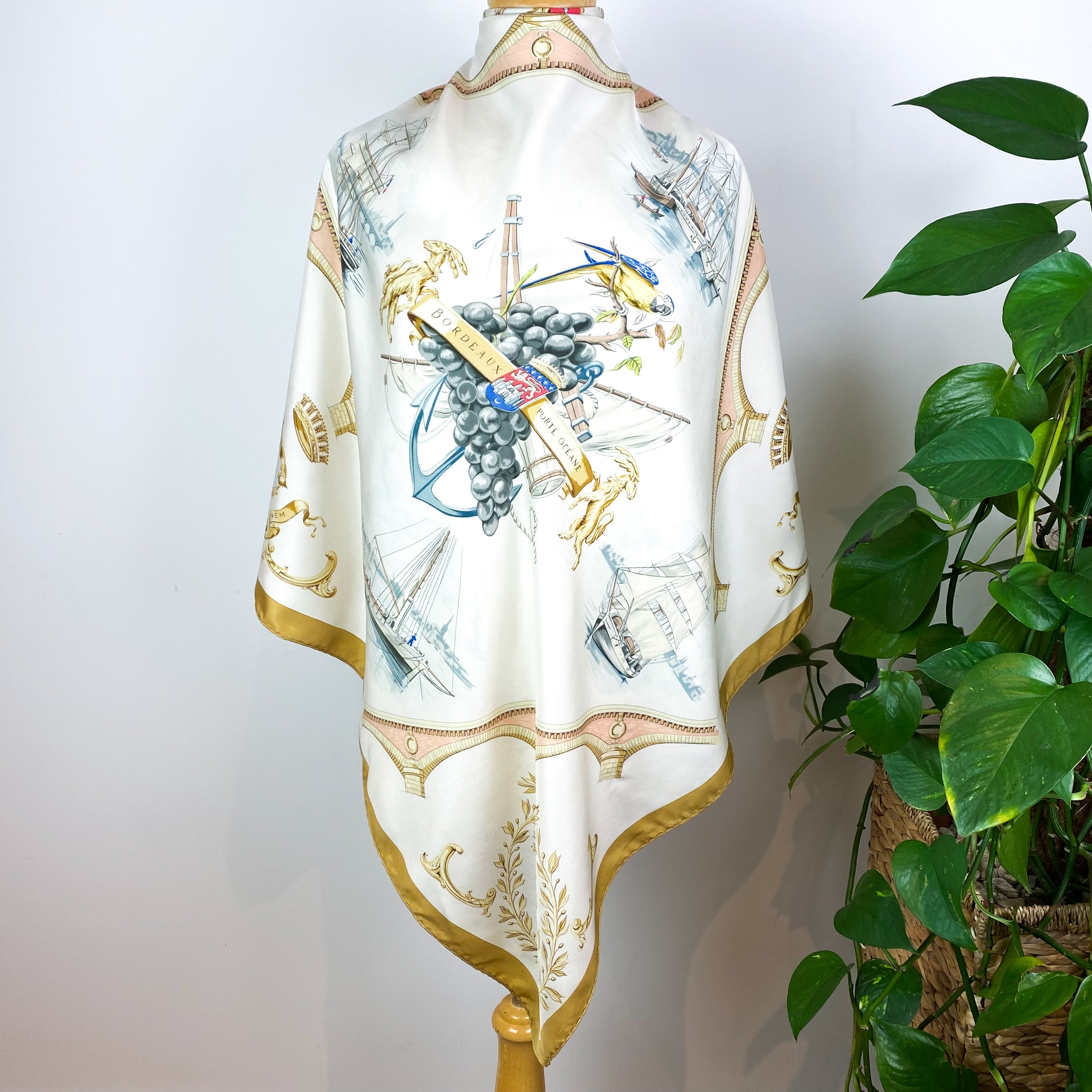 Boxed Hermes 1954 Bordeaux Porte Ocean Vintage Silk Scarf