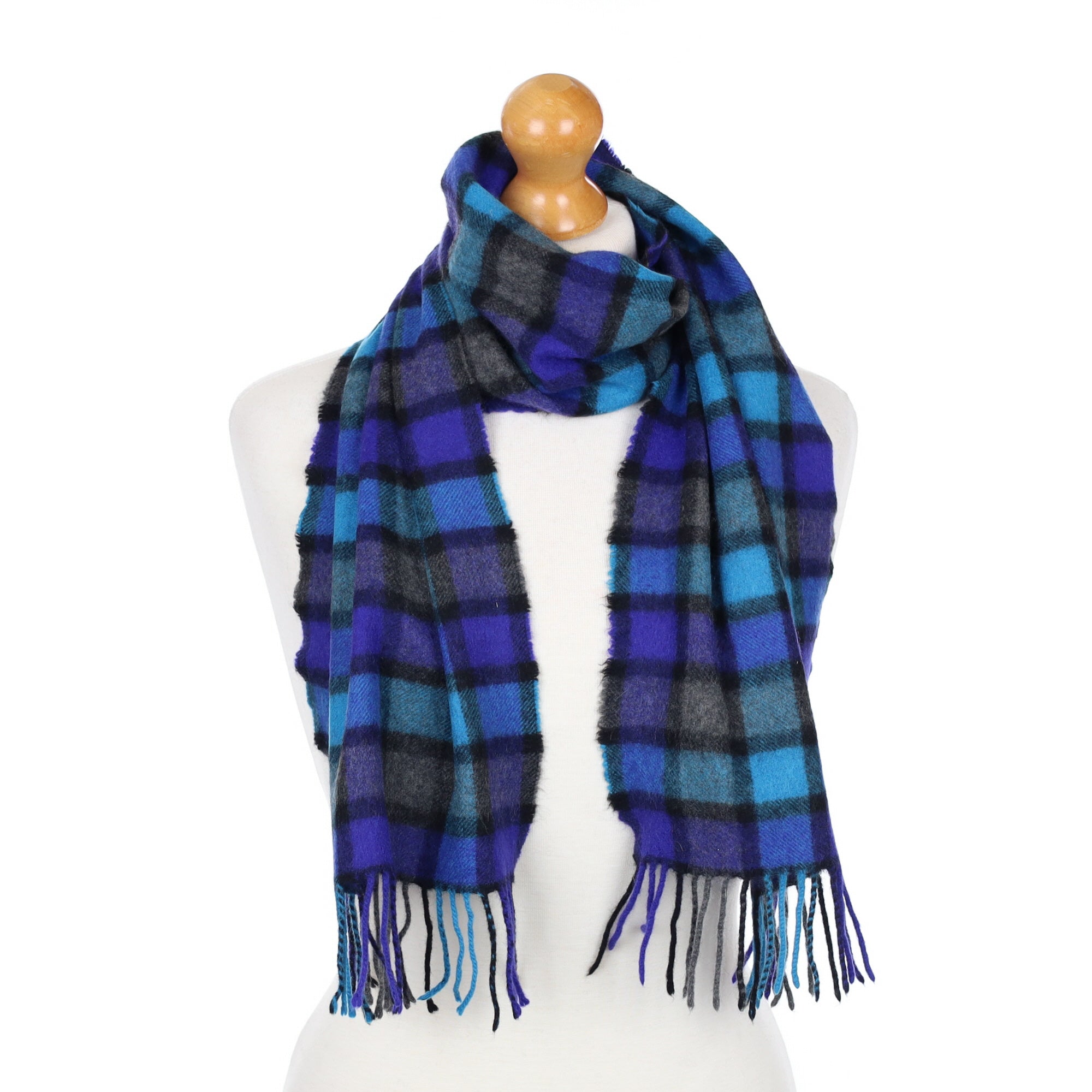Indigo Blue and Grey Checked Fringed Cashmere Woven Scarf