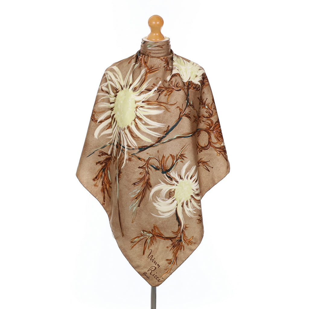 Nina Ricci Brown Floral Vintage Silk Scarf