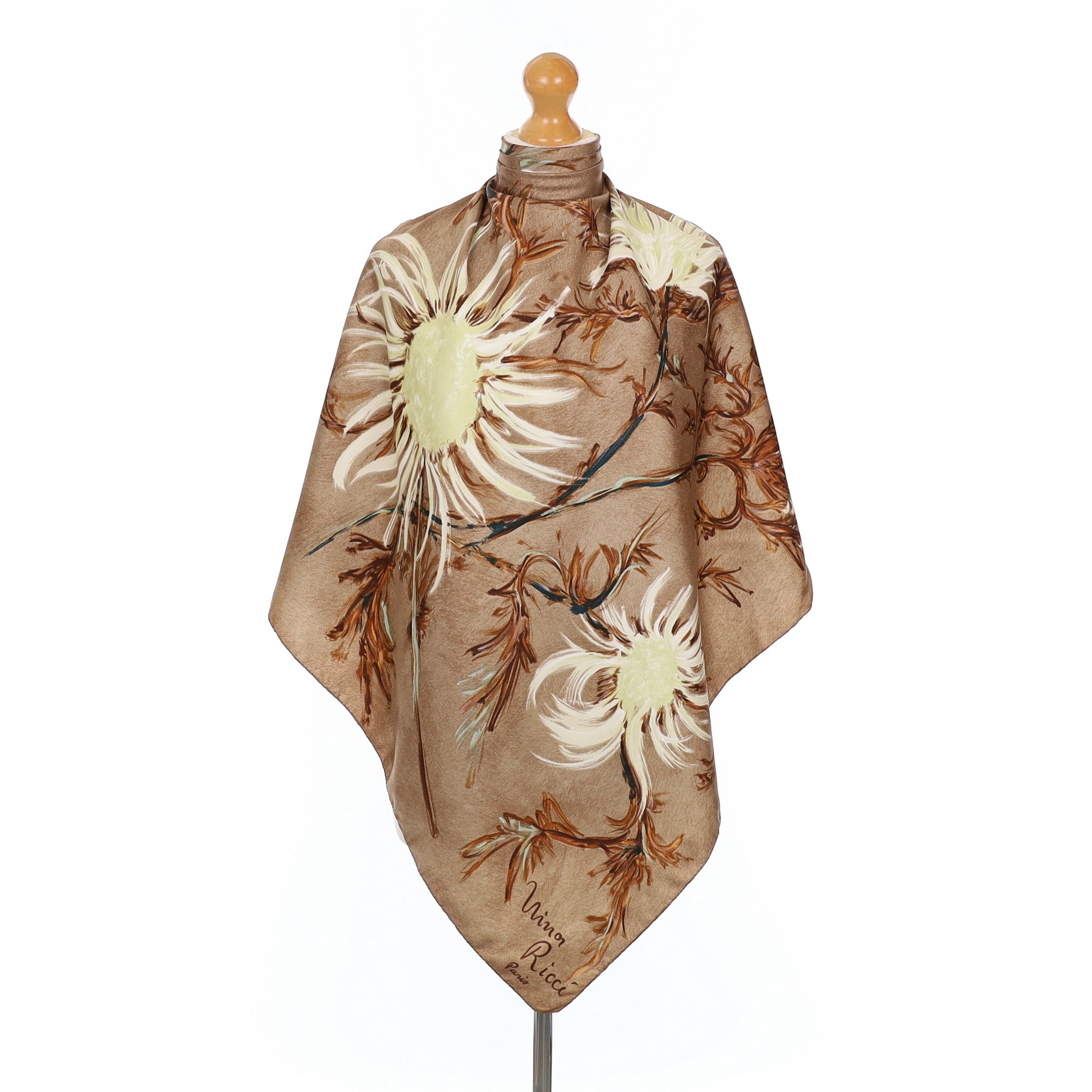Nina Ricci Brown Floral Vintage Silk Scarf